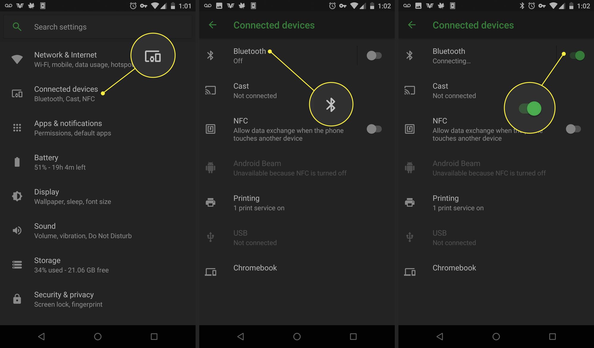 Näyttökaappaukset Android-laitteesta, jossa on Bluetooth-kytkin