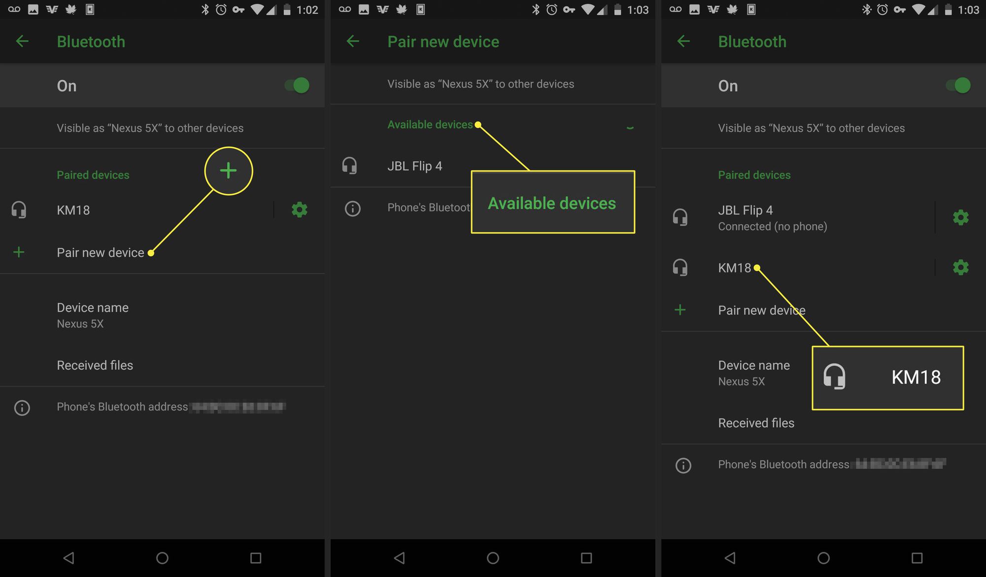 Näyttökaappaukset Android-laitteesta, joissa näytetään, kuinka laitepari muodostetaan Bluetoothin kautta