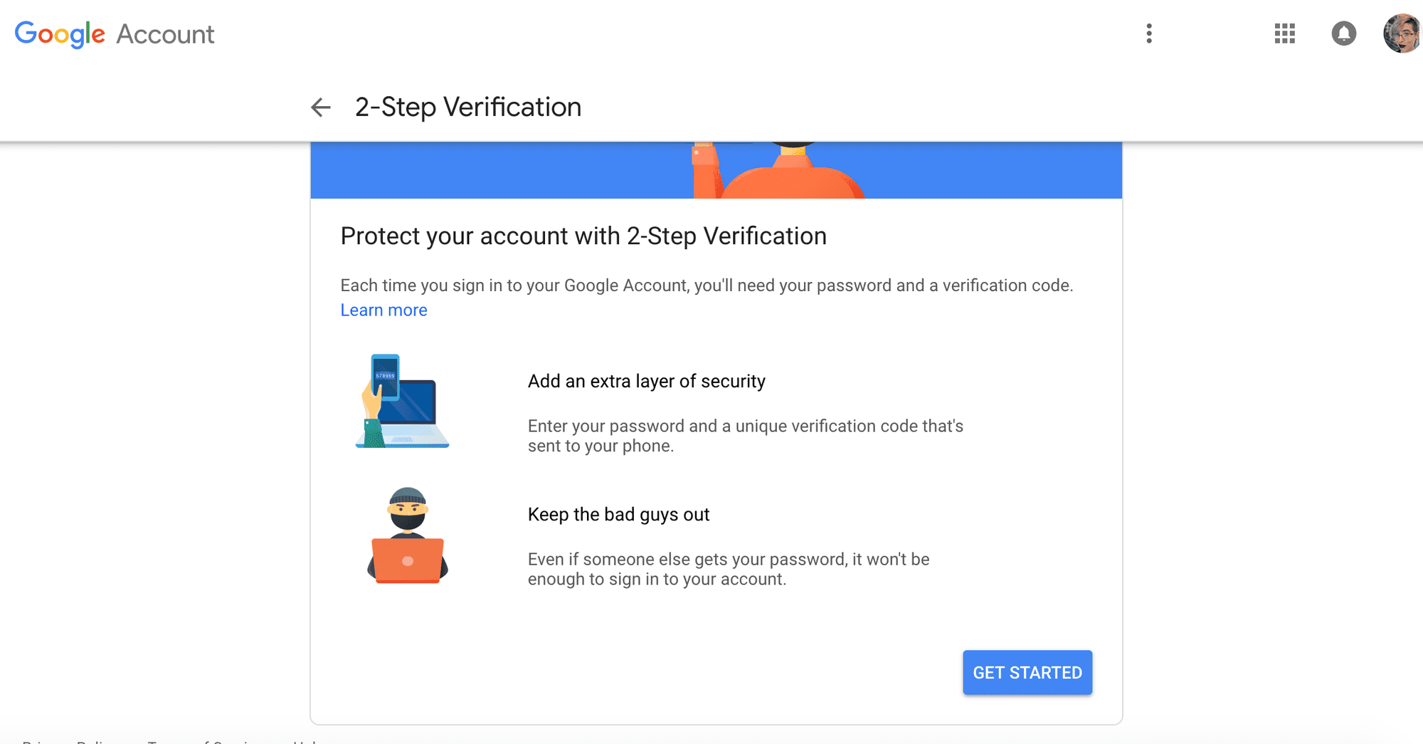 2-Factor Authentication -verkkosivu avautuu sinisellä laatikolla, jossa lukee Aloita näytön alareunassa.