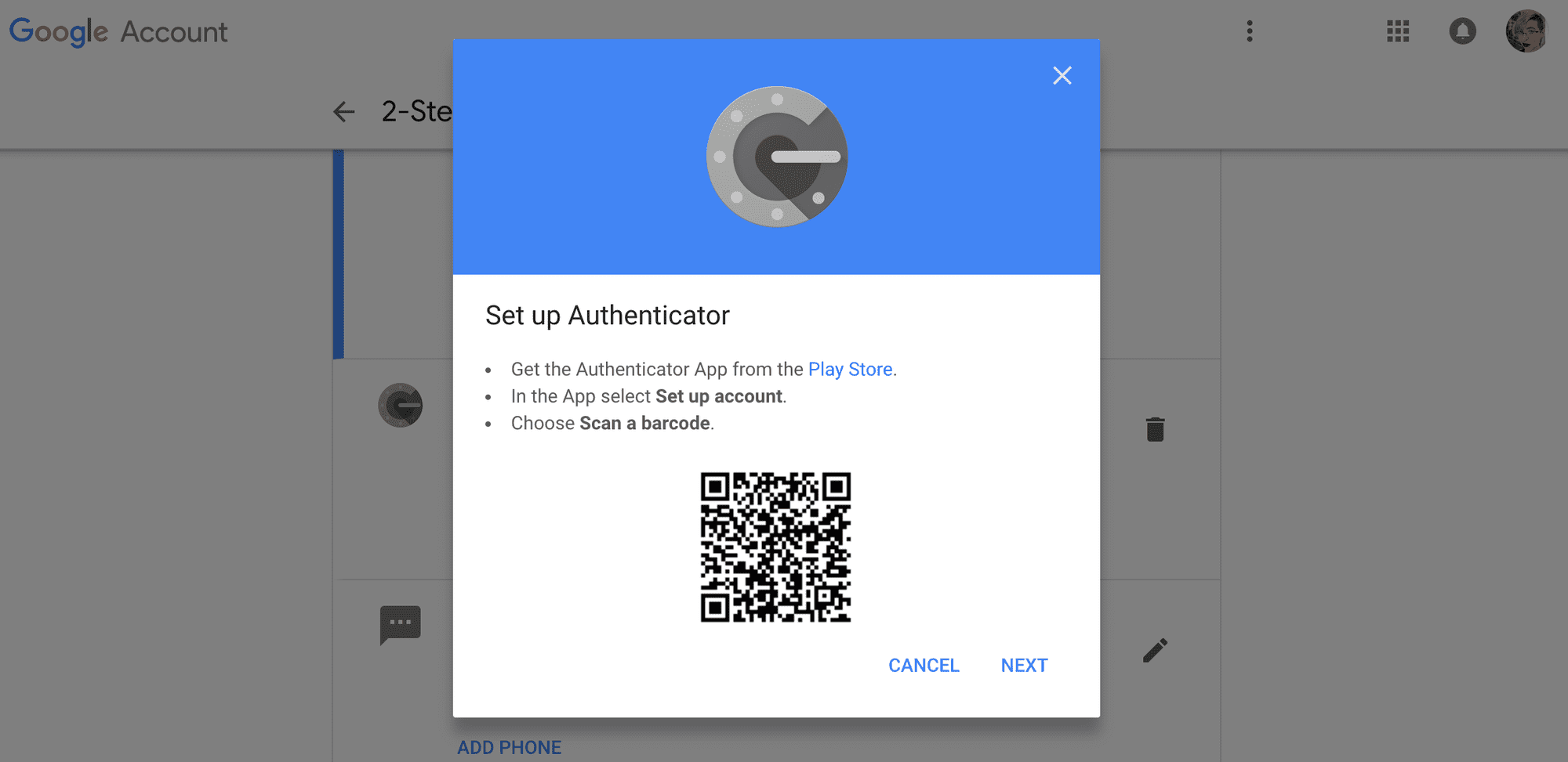 Google Authenticatorissa on näyttö, jossa on lisäohjeita sovelluksen määrittämiseen uudessa puhelimessa.