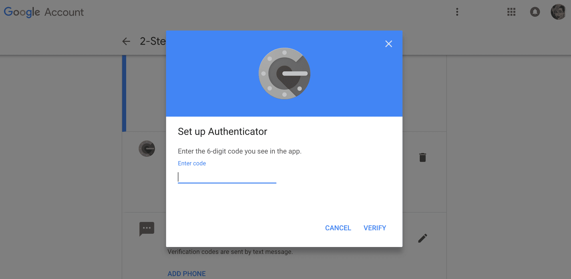 Google Authenticator -sivu verkossa kysyy 6-numeroista koodia, joka näkyy puhelimesi sovelluksessa.