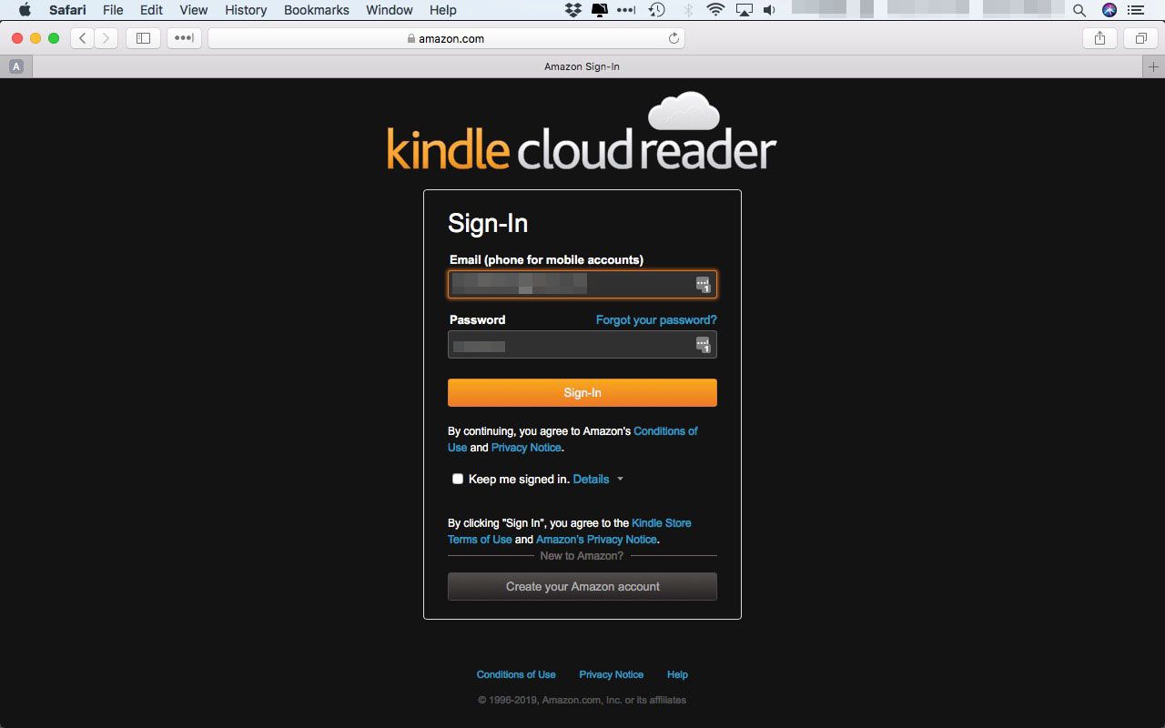 Kindle Cloud Reader -sivuston kirjautumissivu