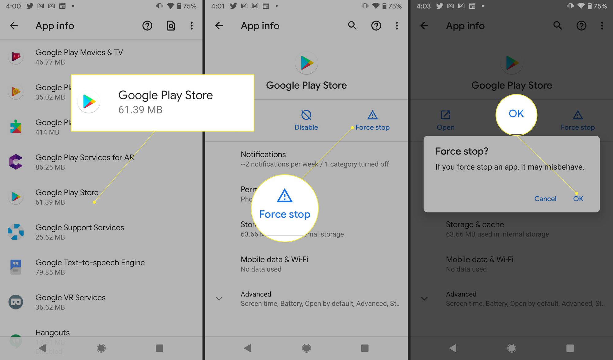 Google Play -asetukset, joissa Force Stop ja Ok korostettuina