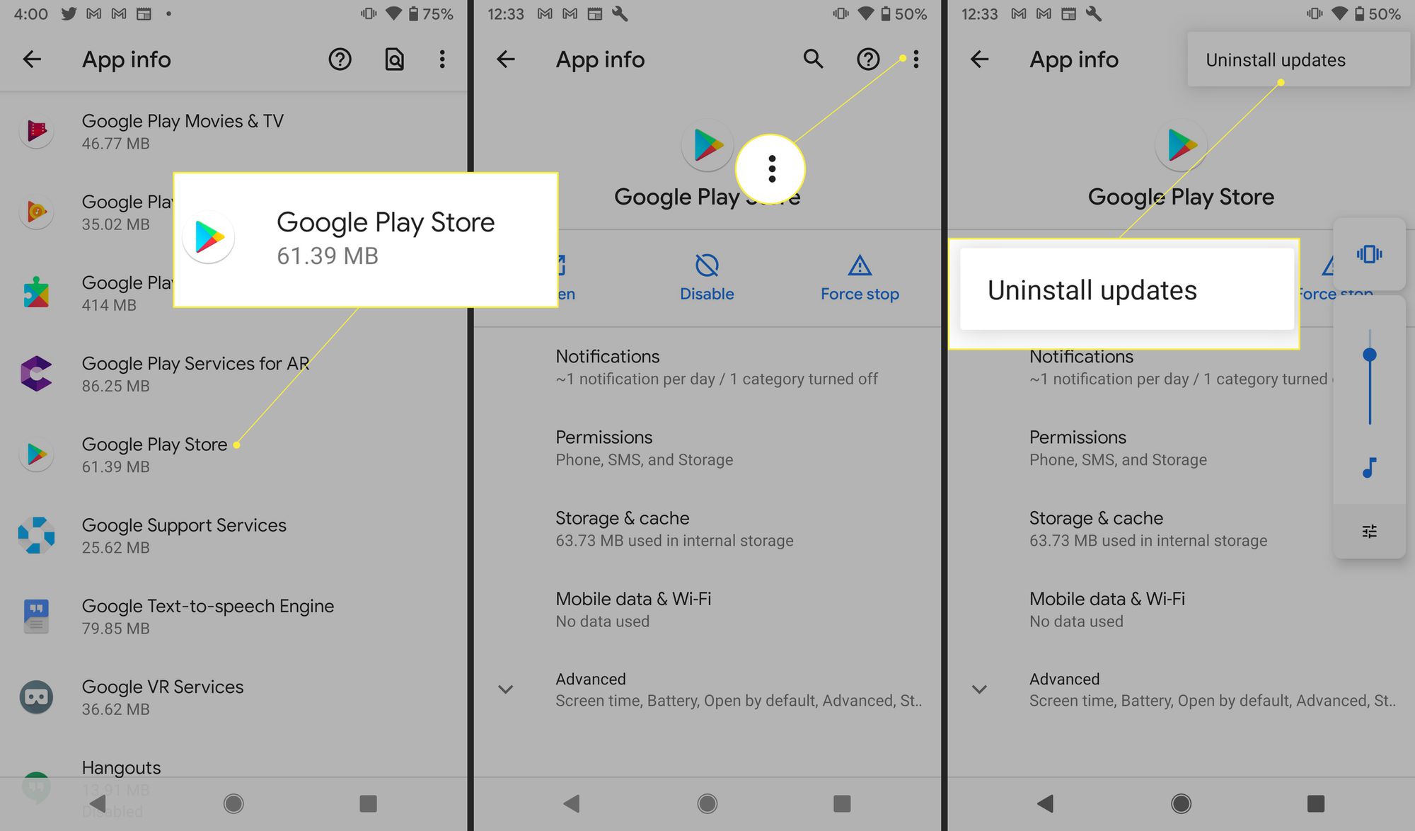 Google Play Kaupan asetukset, joissa "Poista päivitykset" on merkitty