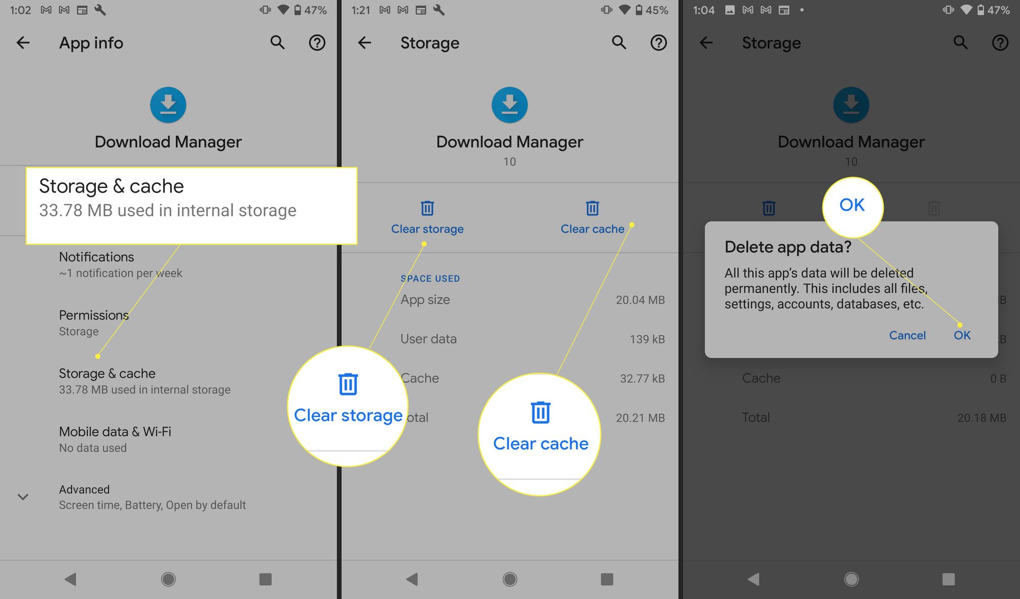 Android Download Manager, jossa "Tallennus ja välimuisti", "Tyhjennä tallennustila", "Tyhjennä välimuisti" ja "OK" on korostettu