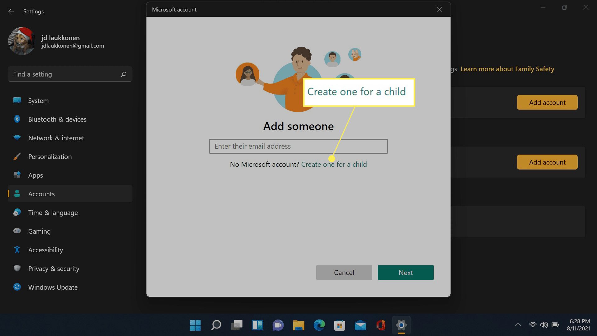 Luo sellainen lapselle, joka on korostettu Windows 11:ssä, lisää tilivalikko.
