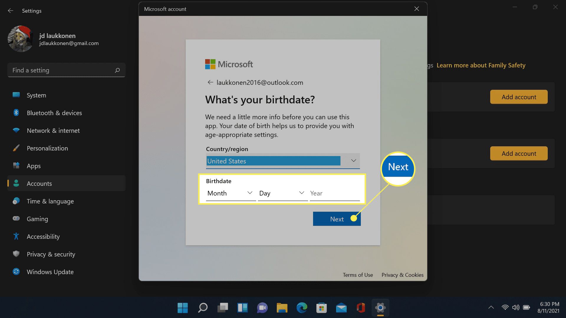 Seuraava ja syntymäpäivä -kenttä korostettuna Microsoft-tiliä luotaessa.