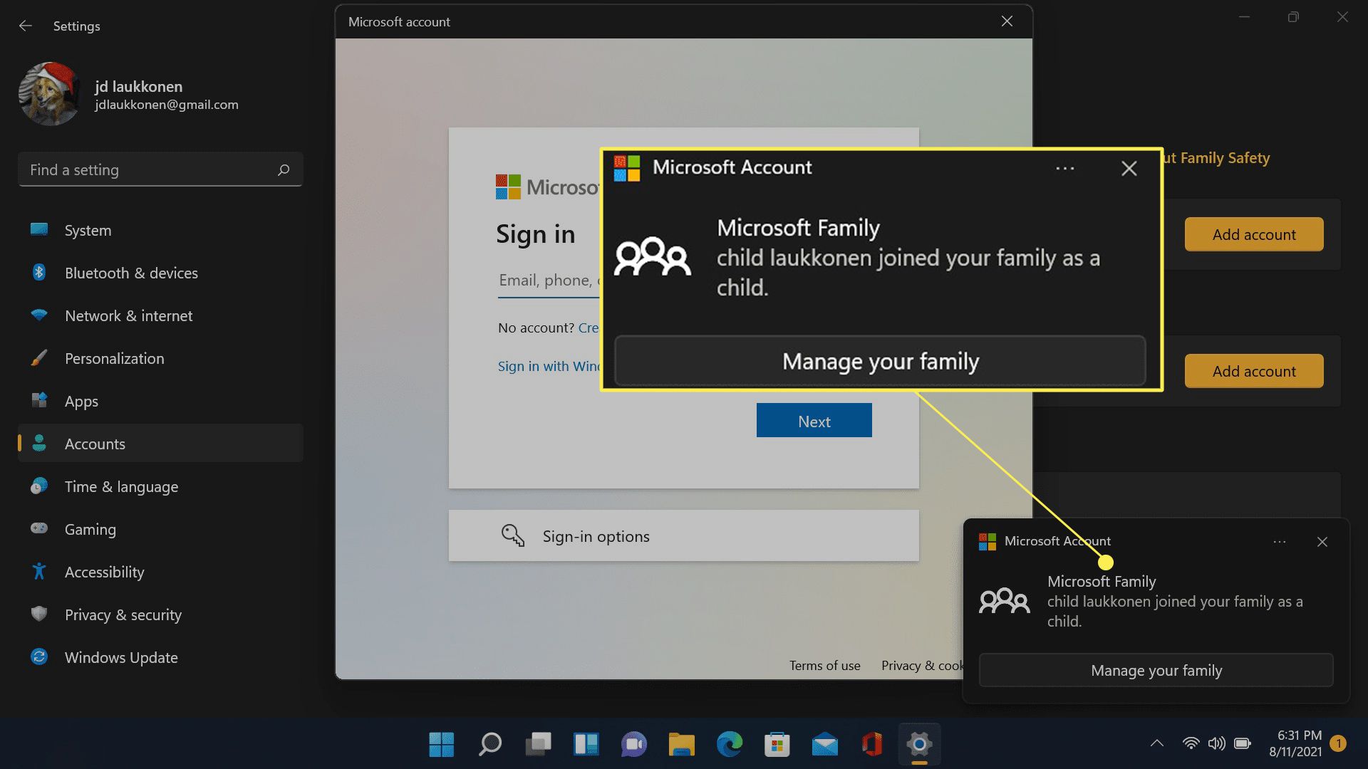 Windows 11 -tilin sanoma, joka osoittaa, että lapsitili on lisätty.