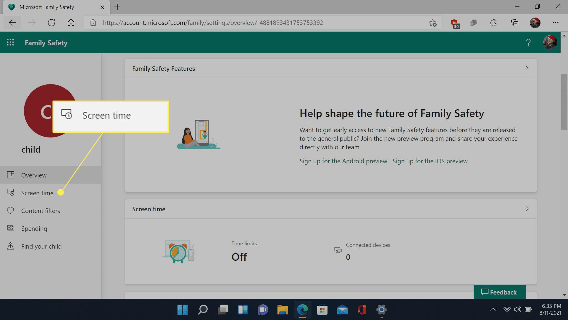 Ruutuaika korostettuna Microsoftin perheturvallisuussivustolla.