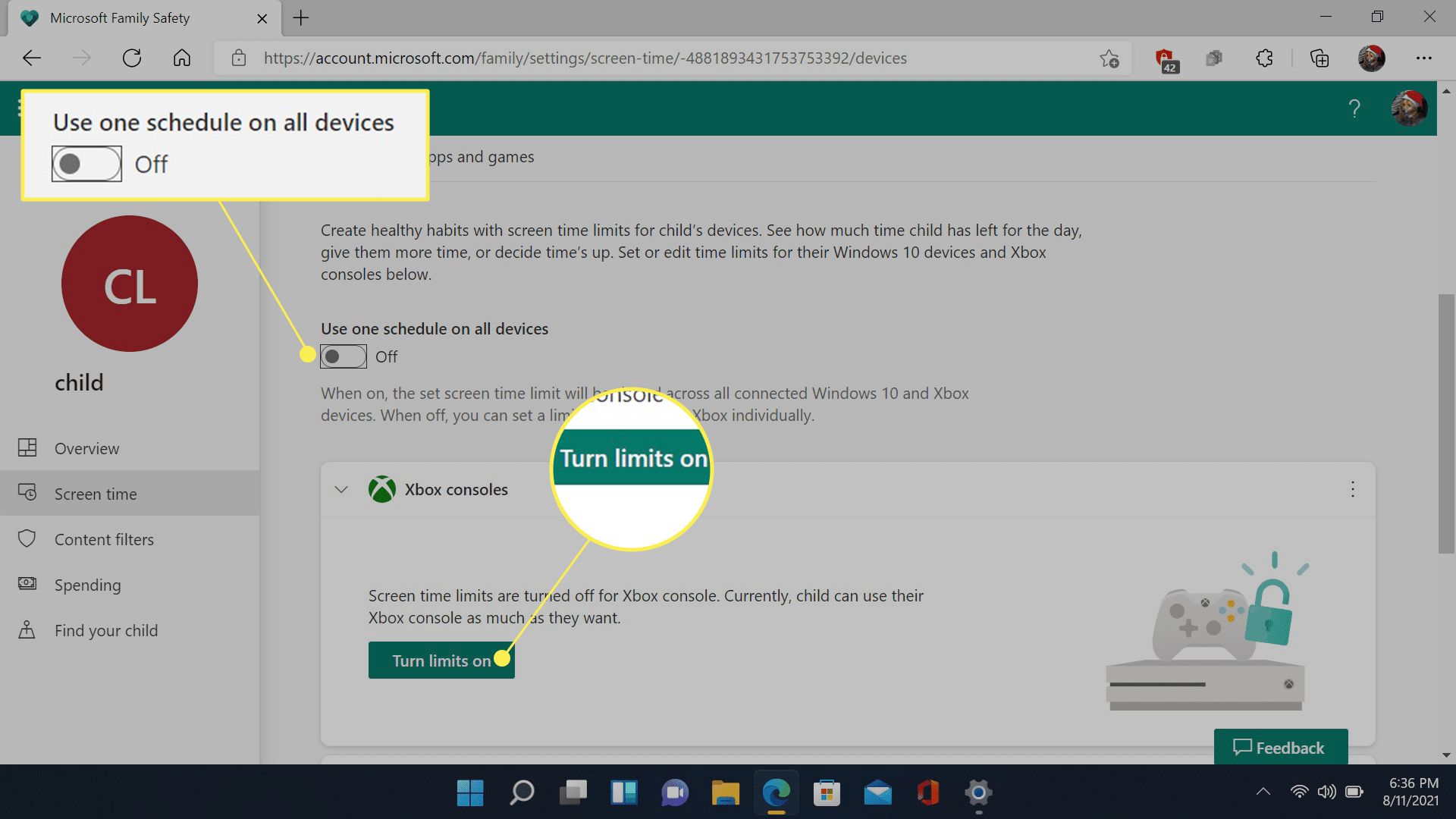 "Ota rajoitukset käyttöön" ja "Käytä yhtä aikataulua kaikissa laitteissa" merkitty Microsoft Family Safety -sivustolla.