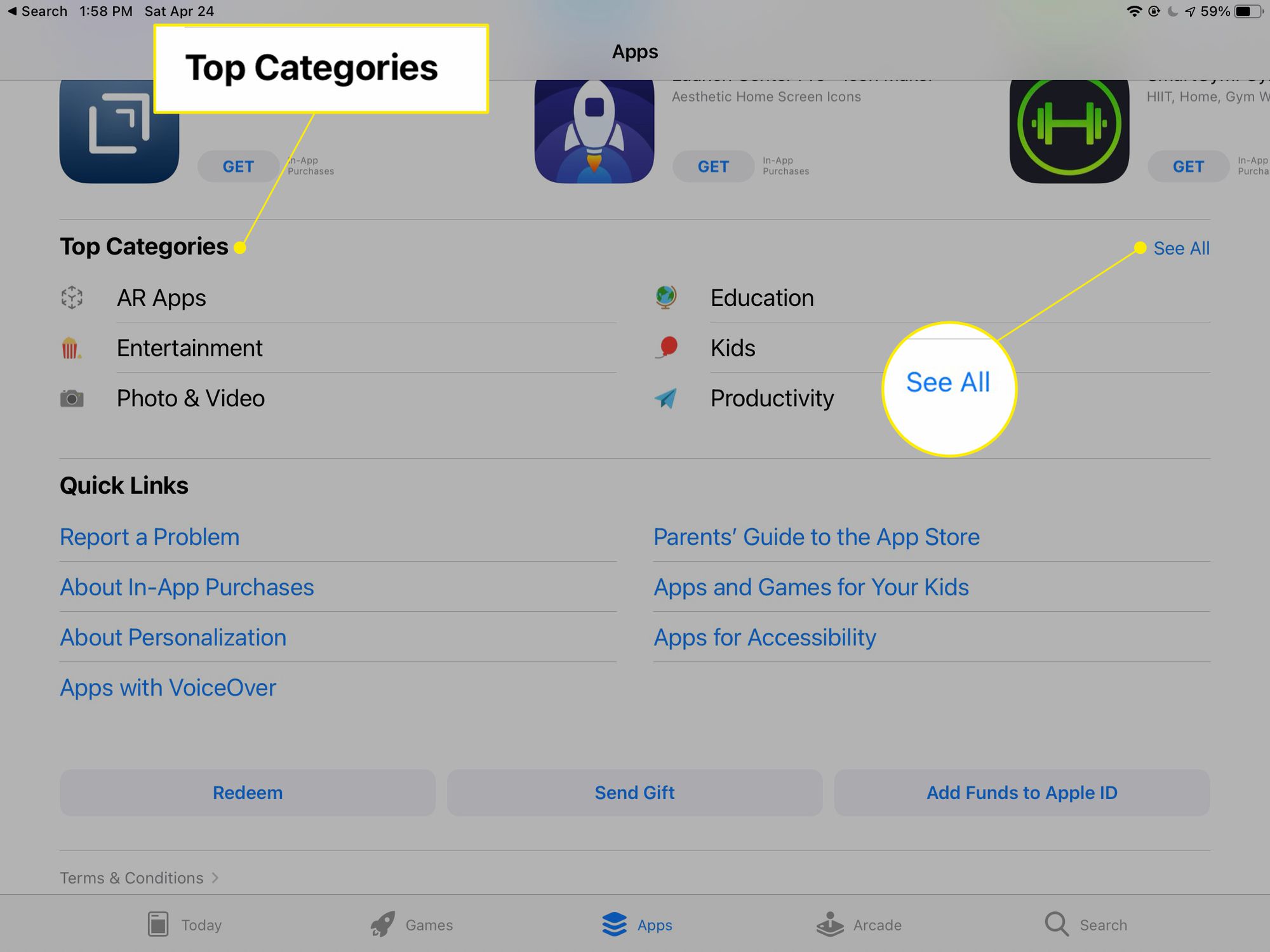 iPad App Store -näyttö, jossa on huippuluokat ja kaikki korostettuina