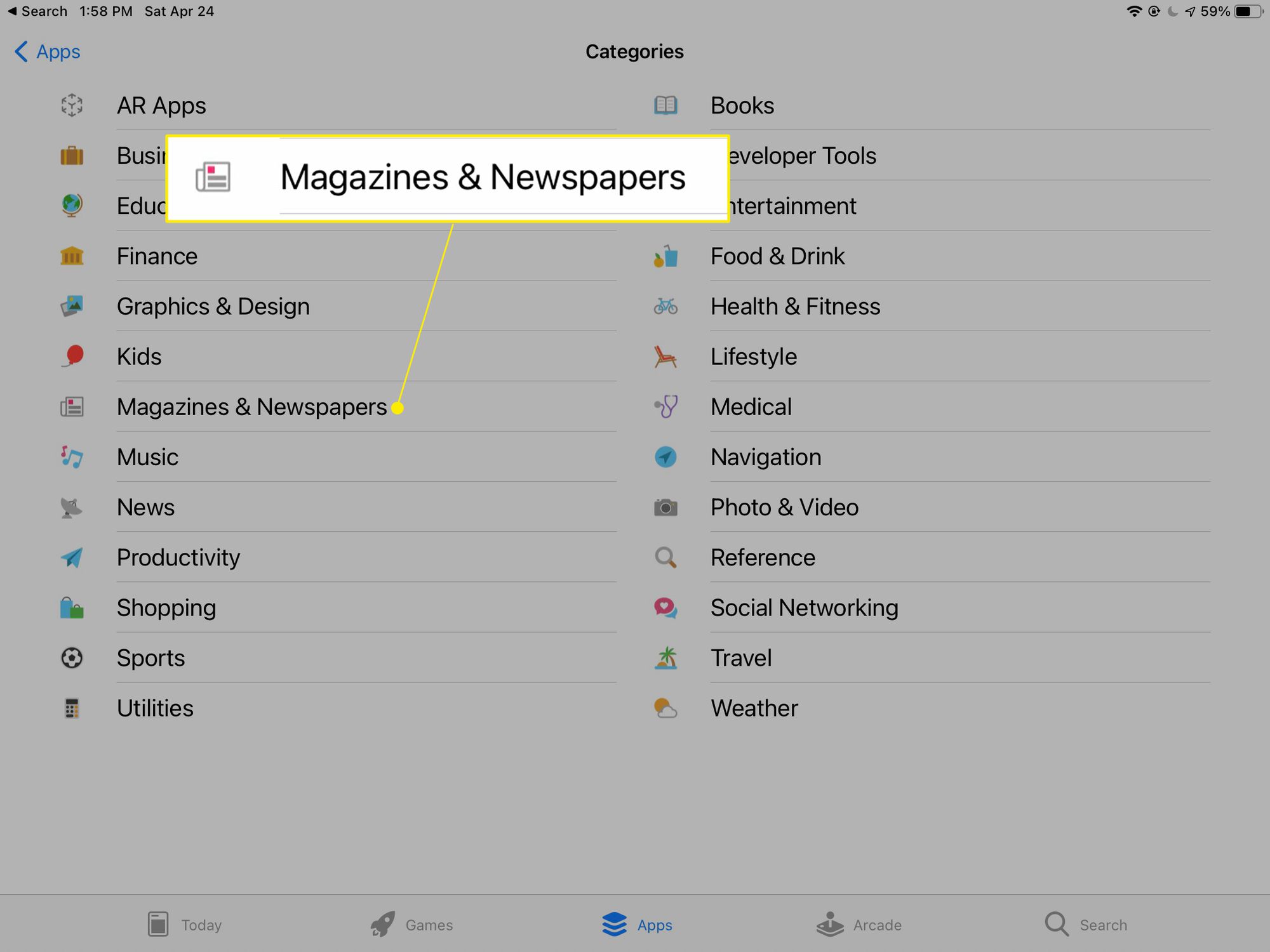 Apple iPad App Storen luokat, joissa on korostettuna "Lehdet ja sanomalehdet".
