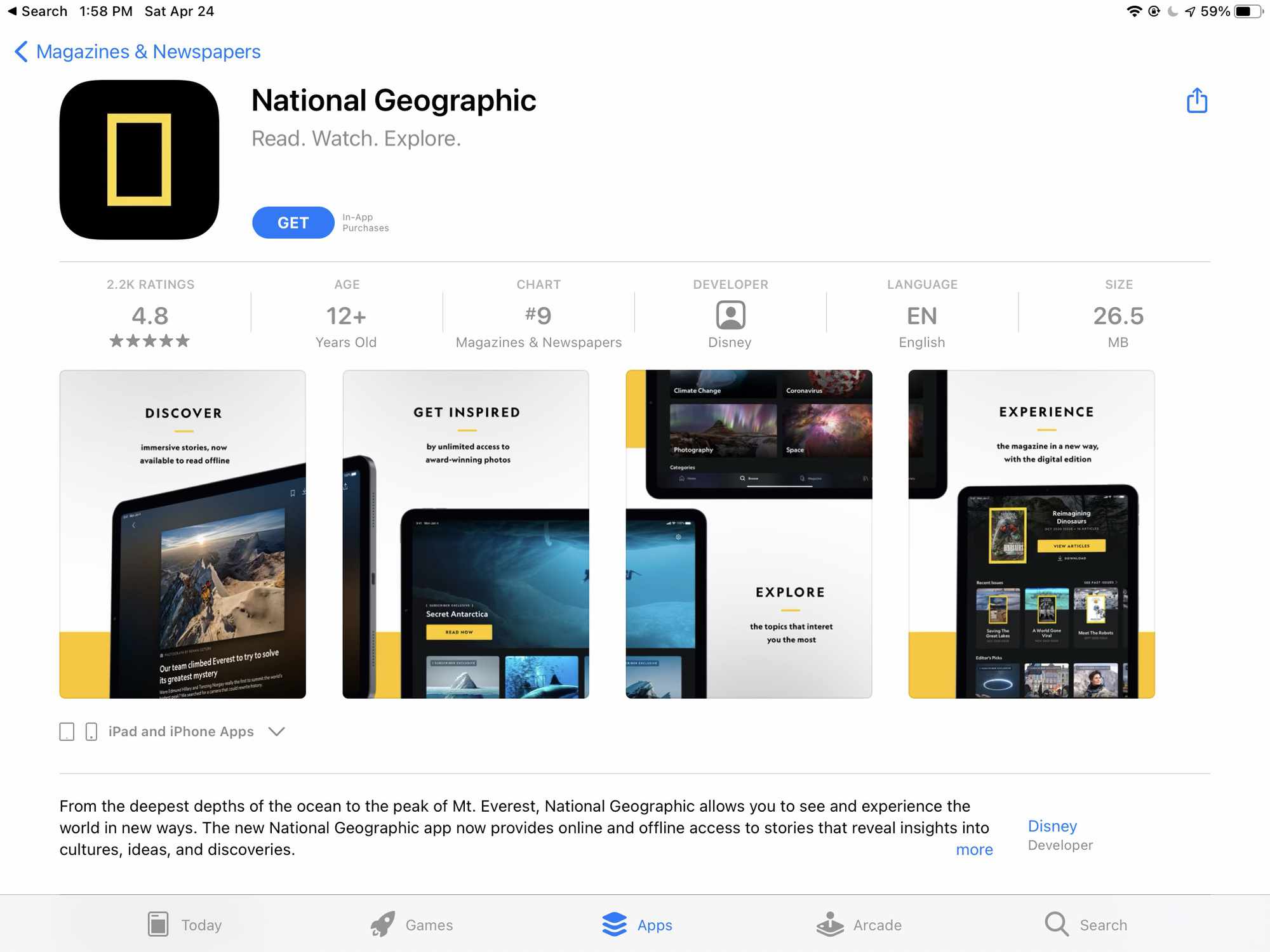iPad App Store National Geographic -lehtisovellus avattu lataussivulle