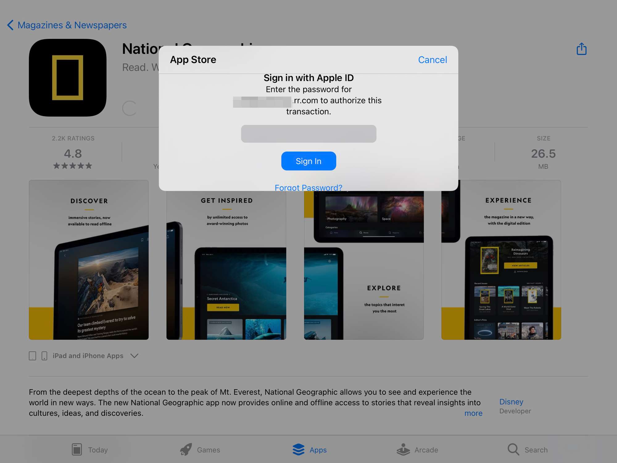 iPad App Store -latausnäyttö Apple ID -syöttöruudulla