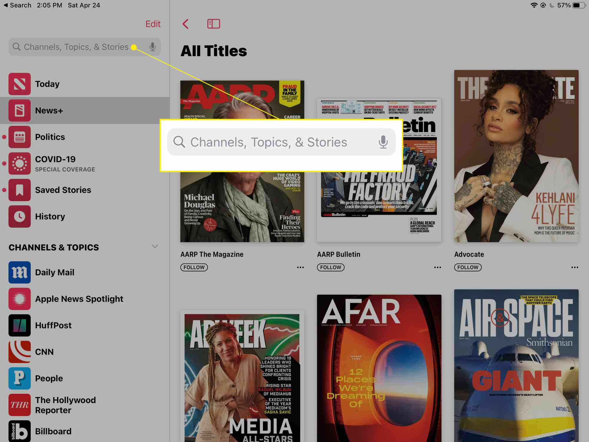 iPad News -sovellusnäyttö, jossa kanavat, aiheet ja tarinat" on korostettu