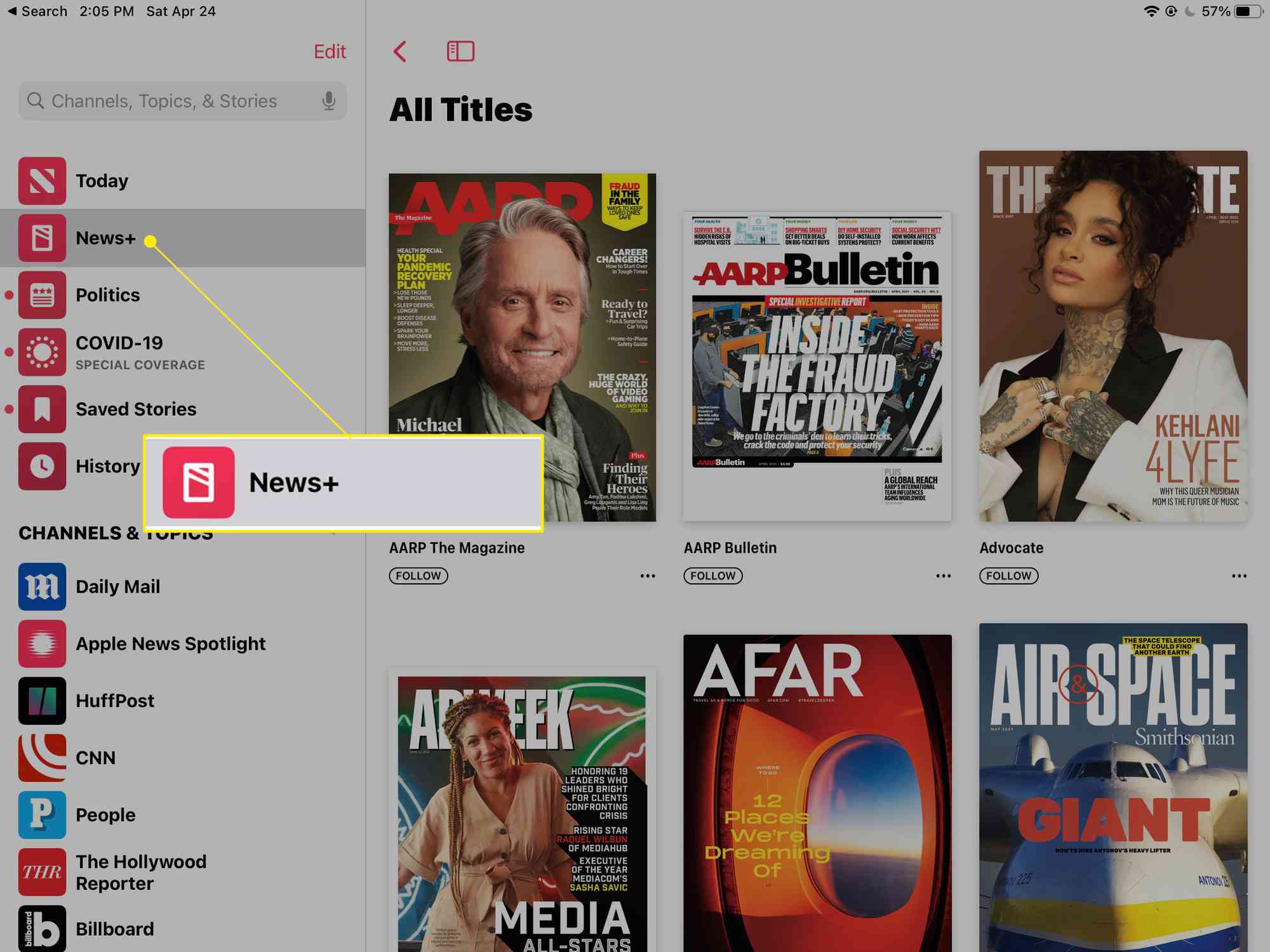 iPad News -sovellus, jossa News+ on korostettuna