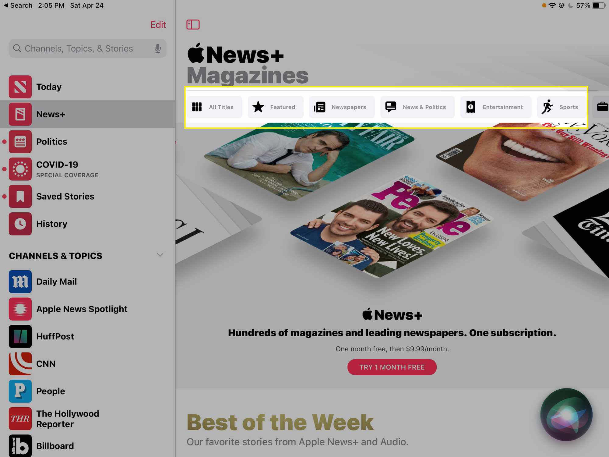 iPad News -sovelluksen Uutiset+ -sivu, jossa selausvaihtoehdot on korostettu