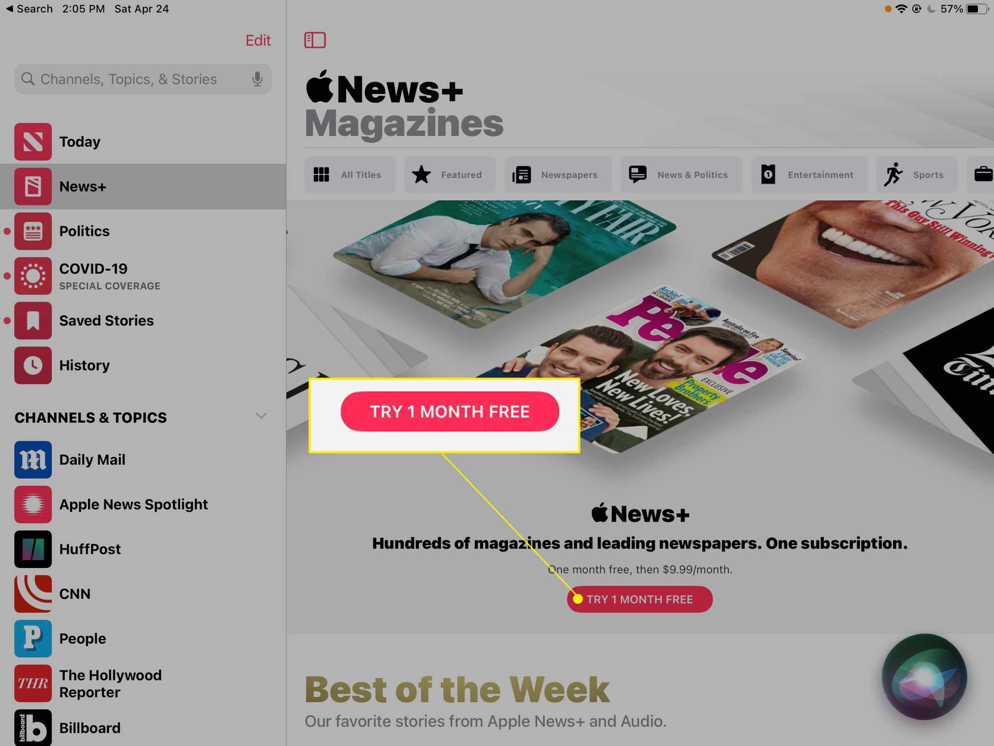 iPad News -sovellus, jossa Uutiset + -palvelu "Kokeile 1 kuukausi ilmaiseksi" korostettuna