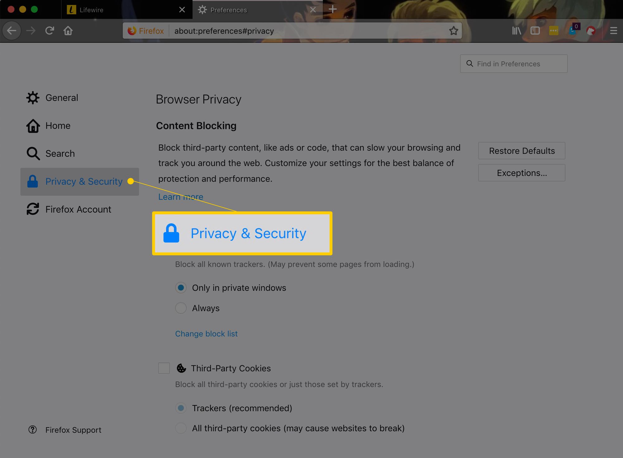 Yksityisyys ja suojaus -välilehti Firefoxin Asetukset-näytön vasemmassa reunassa