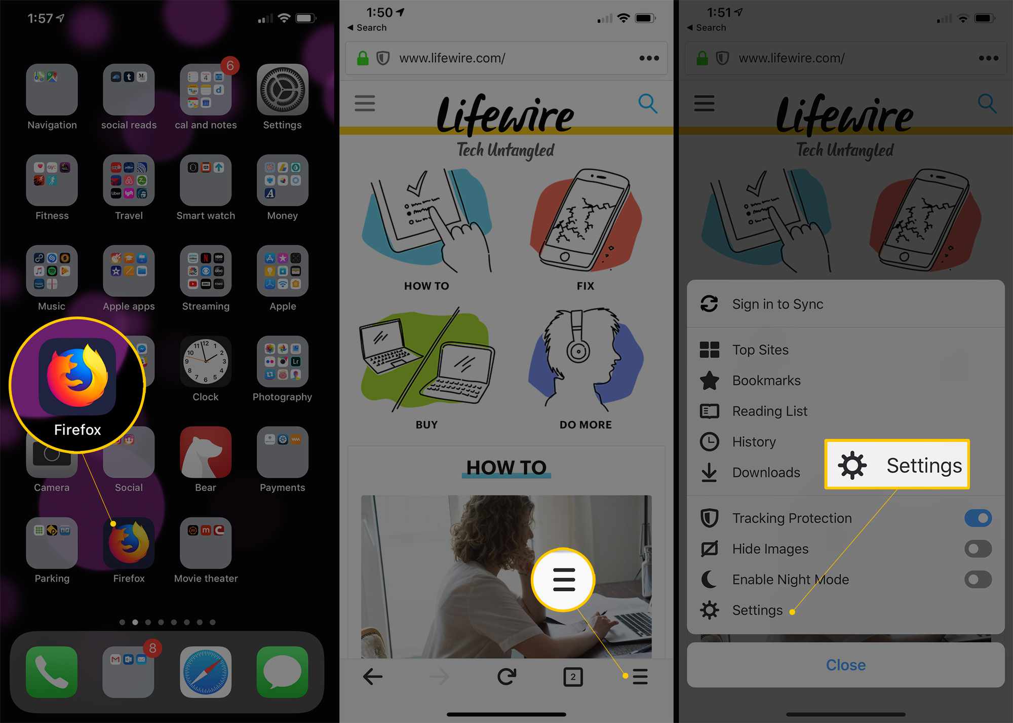 Kolme iOS-näyttöä, joissa on Firefox-kuvake, hampurilaisvalikko ja Asetukset-painike