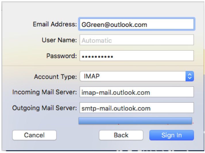Kuvakaappaus Outlook.comin lisäämisestä Apple Mailiin