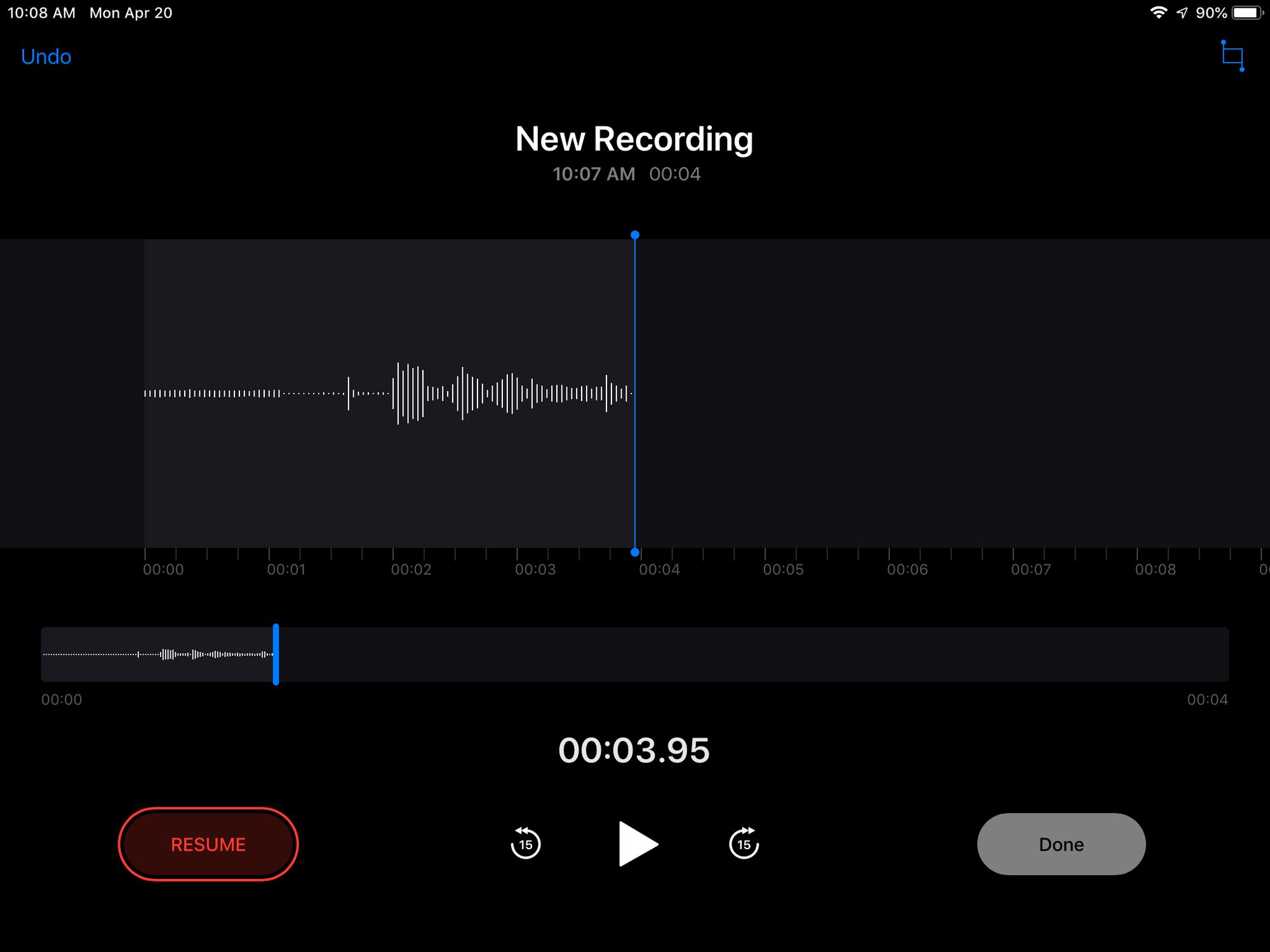 Äänimuistiot-sovelluksen tallennusnäyttö iPadissa