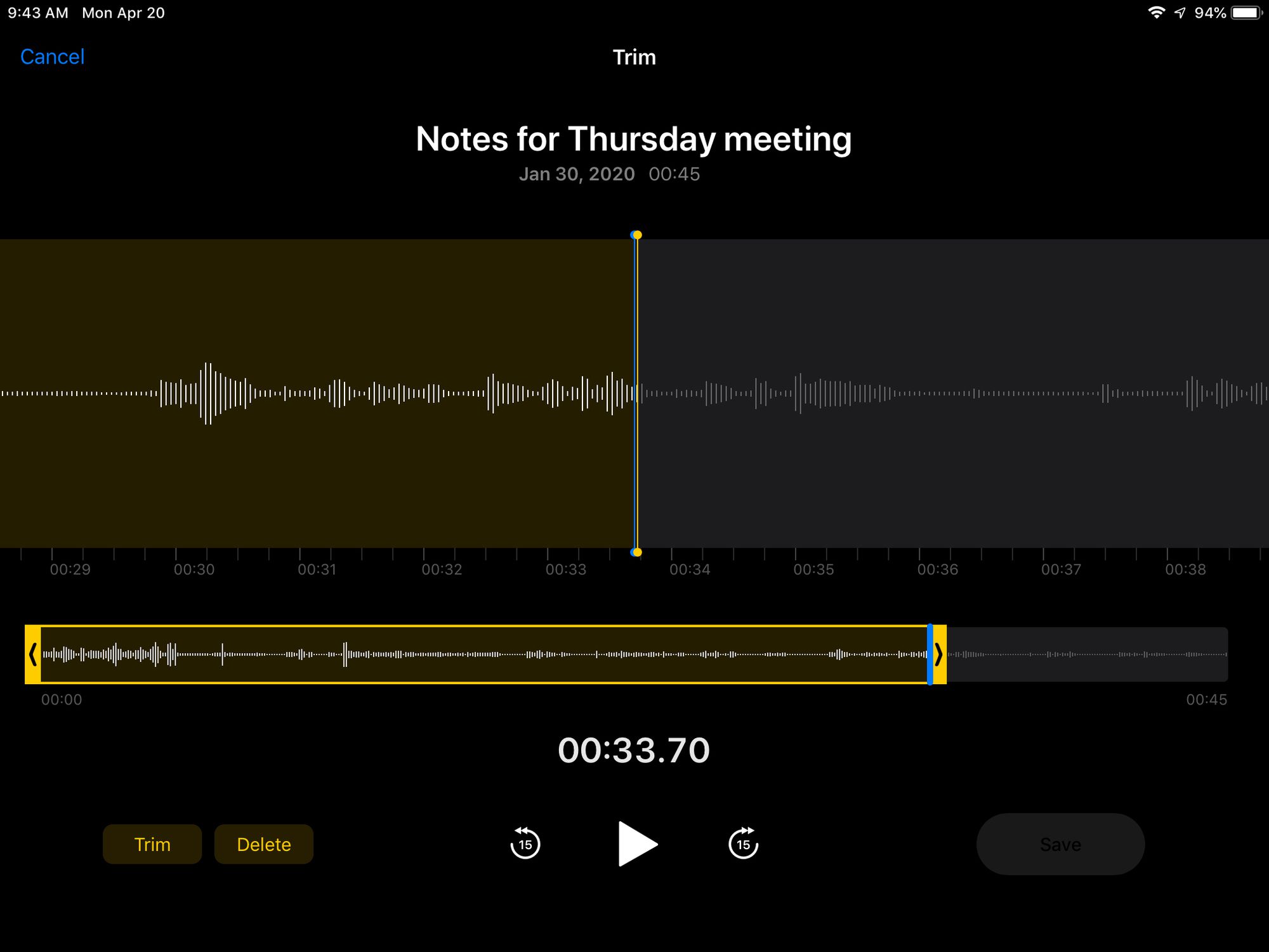 iPadin Voice Memos -sovelluksen trimmausnäyttö