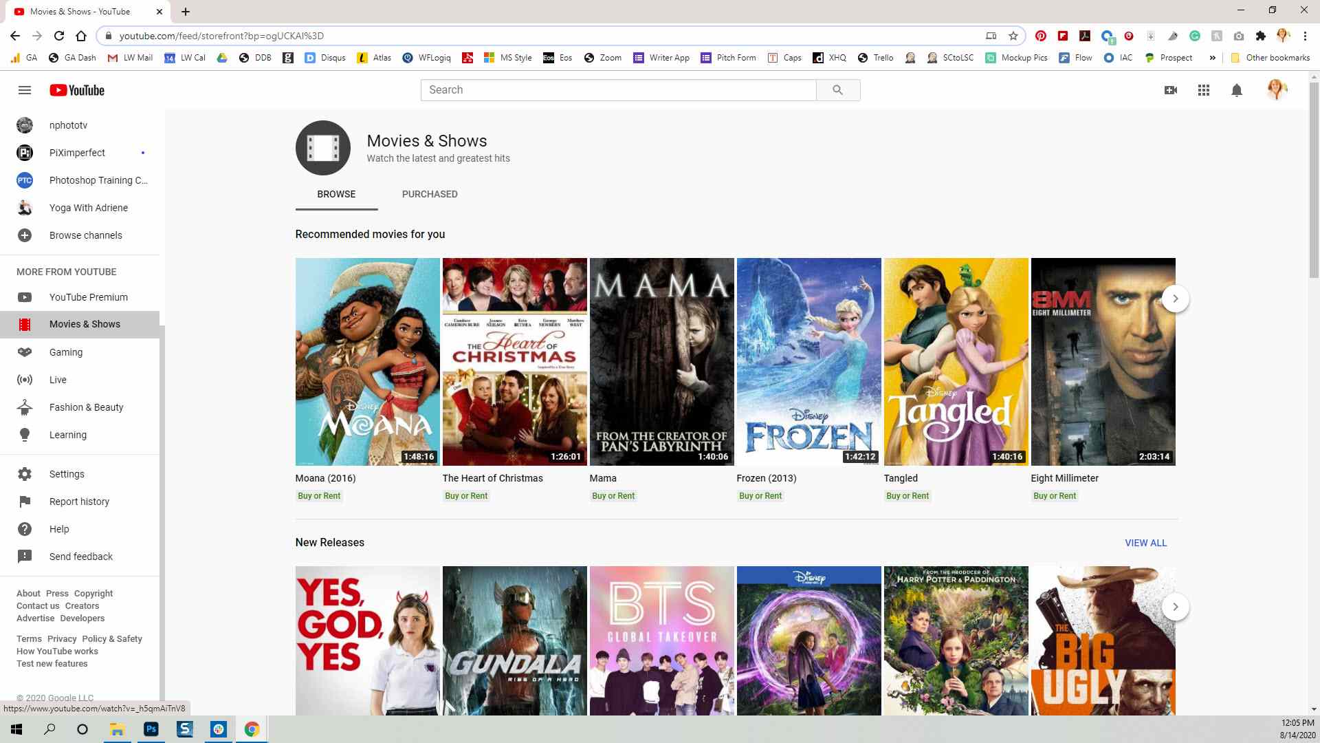 YouTuben maksulliset elokuvat ja ohjelmat -sivu Chrome-selaimessa