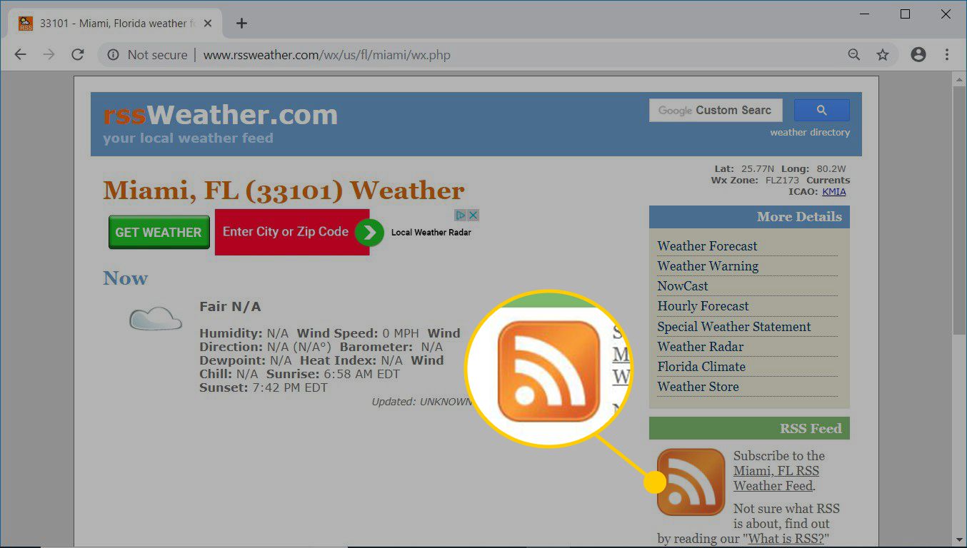 RSSWeather.com-verkkosivu, jossa on RSS-kuvake RSS-syötettä varten