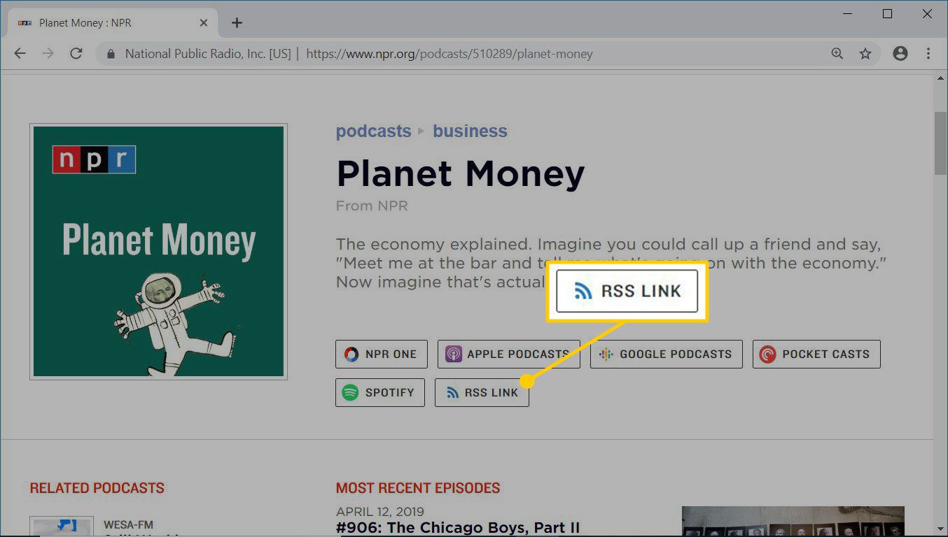 Planet Money -verkkosivu NPR.org-podcasteissa, jossa on RSS-linkki RSS-syötteeseen
