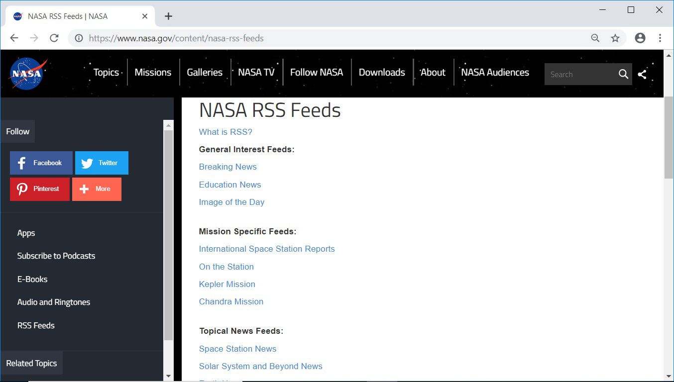 Nasa.gov RSS-syötteiden verkkosivu, jossa on luettelo sivuston RSS-syötteistä