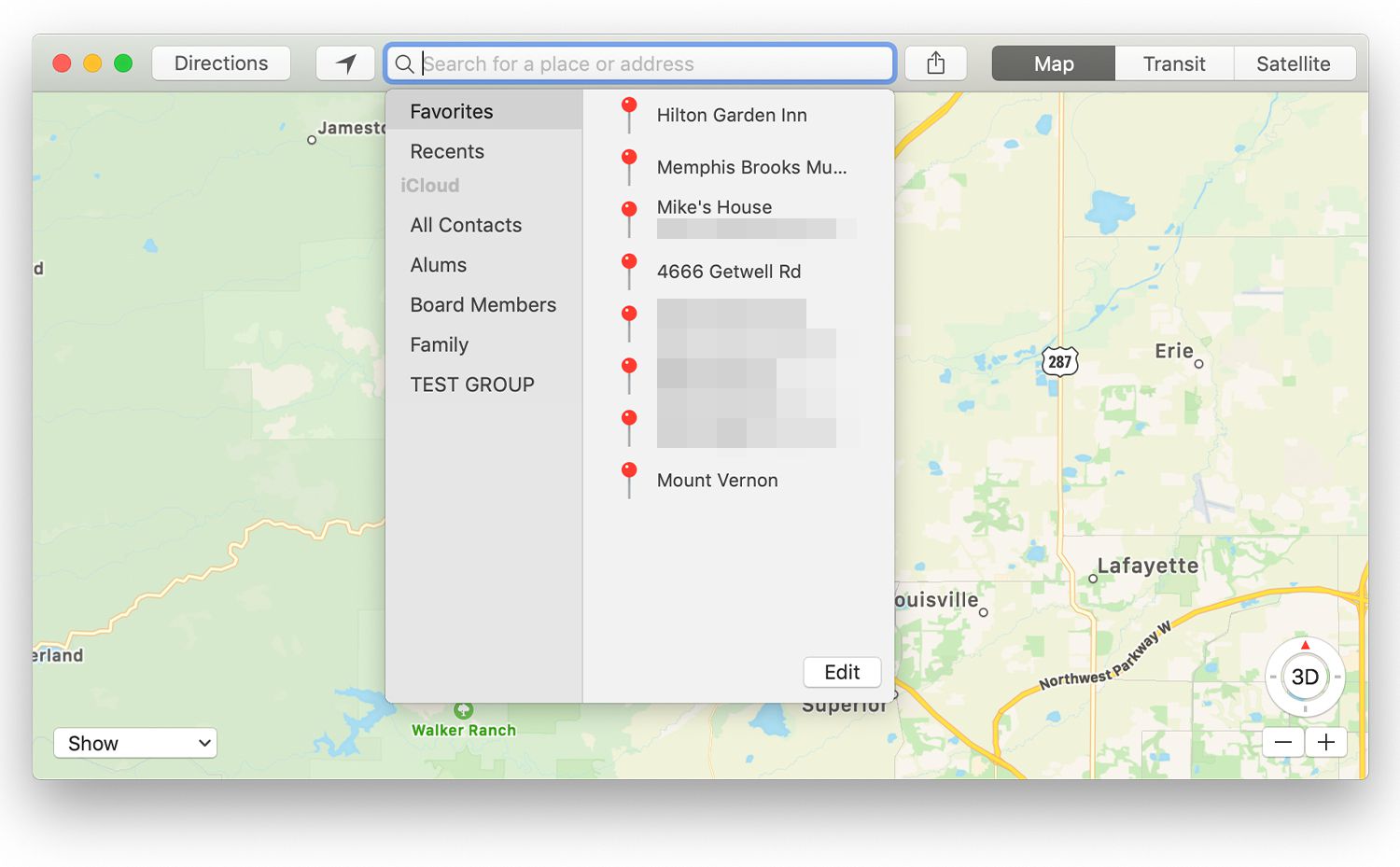 Mac Maps -sovelluksen avattava Suosikit-näyttö