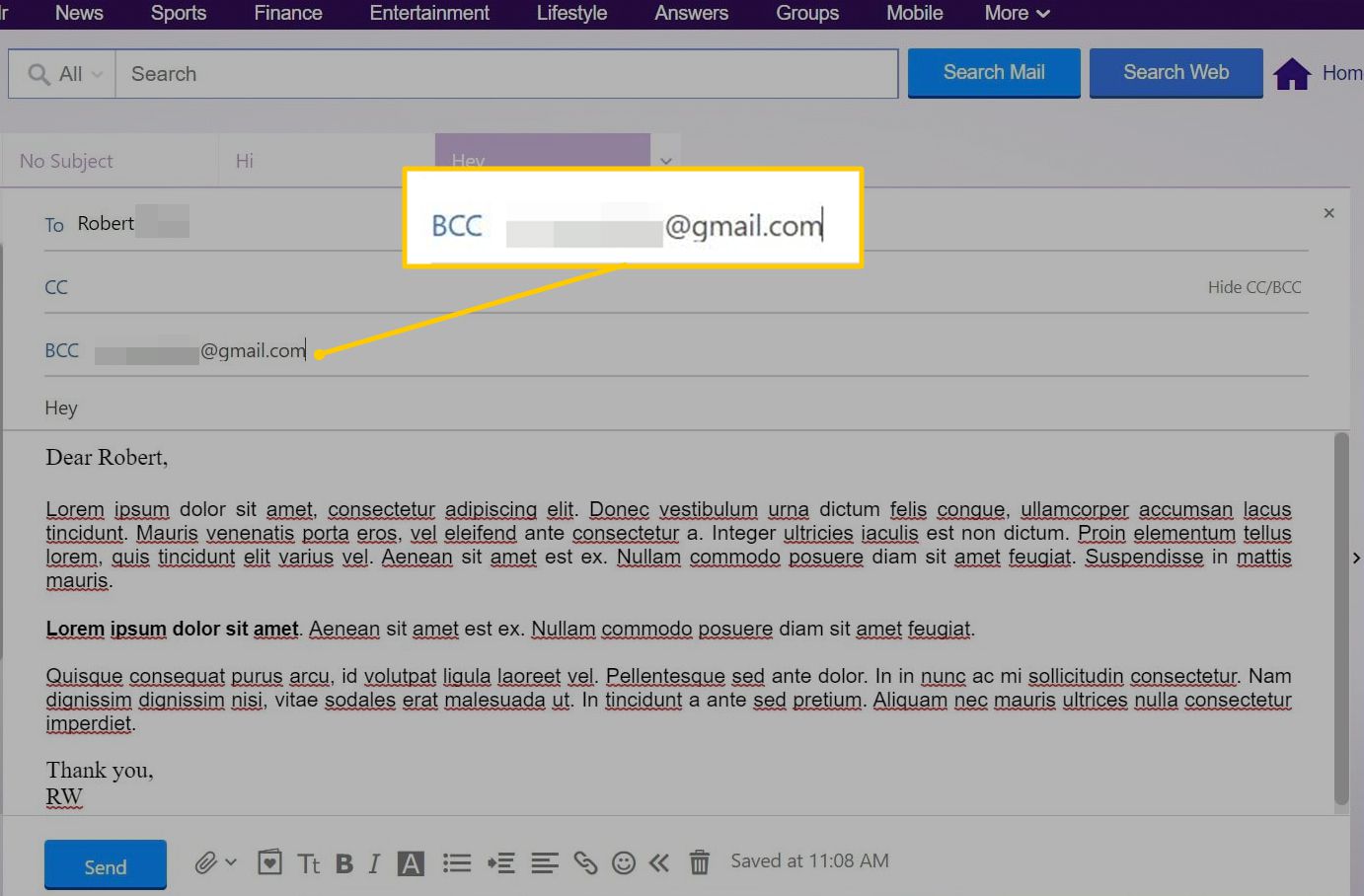 BCC-kenttä Yahoo Mailissa