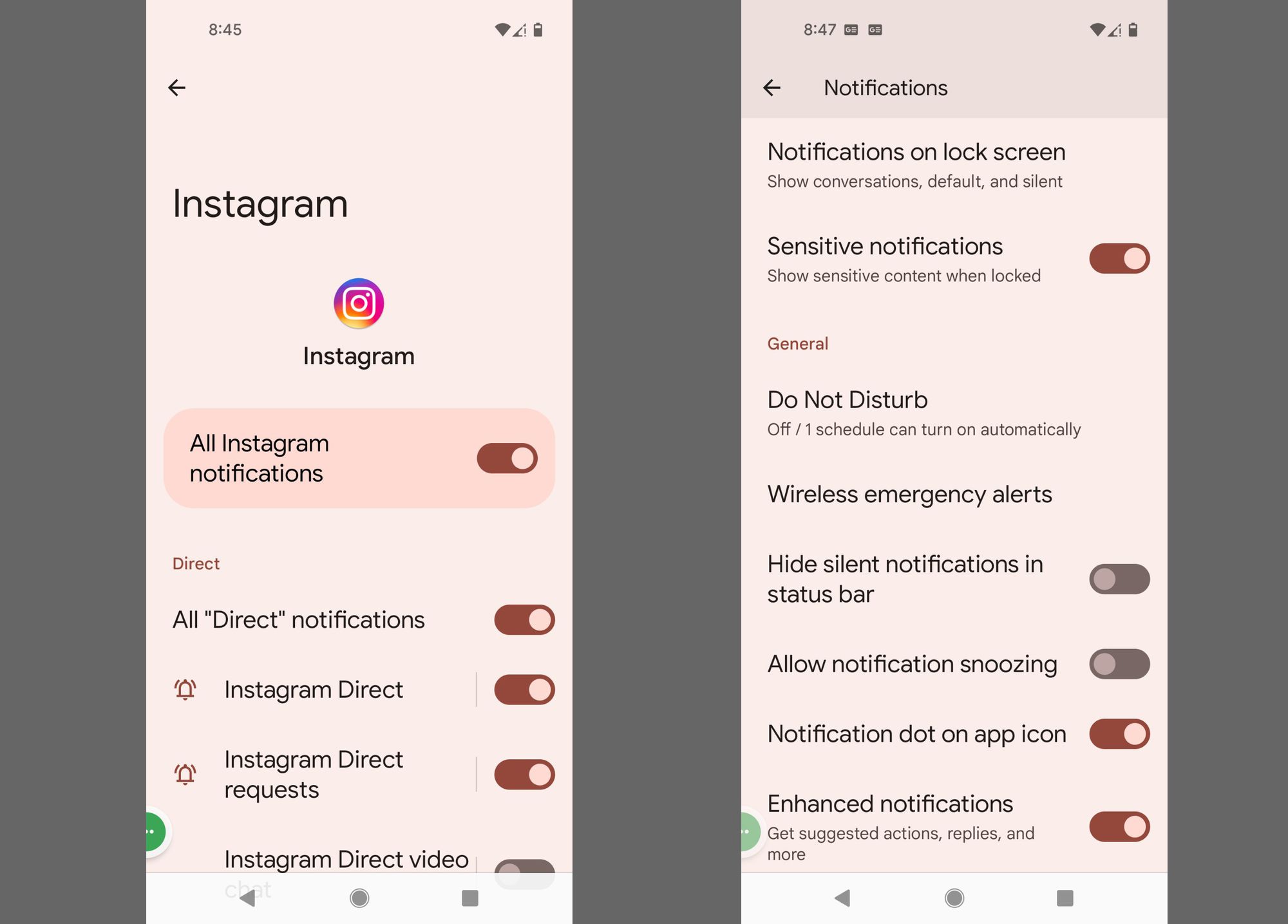 Instagram-ilmoitusasetukset ja ilmoitusten lisäasetukset Android-asetuksissa