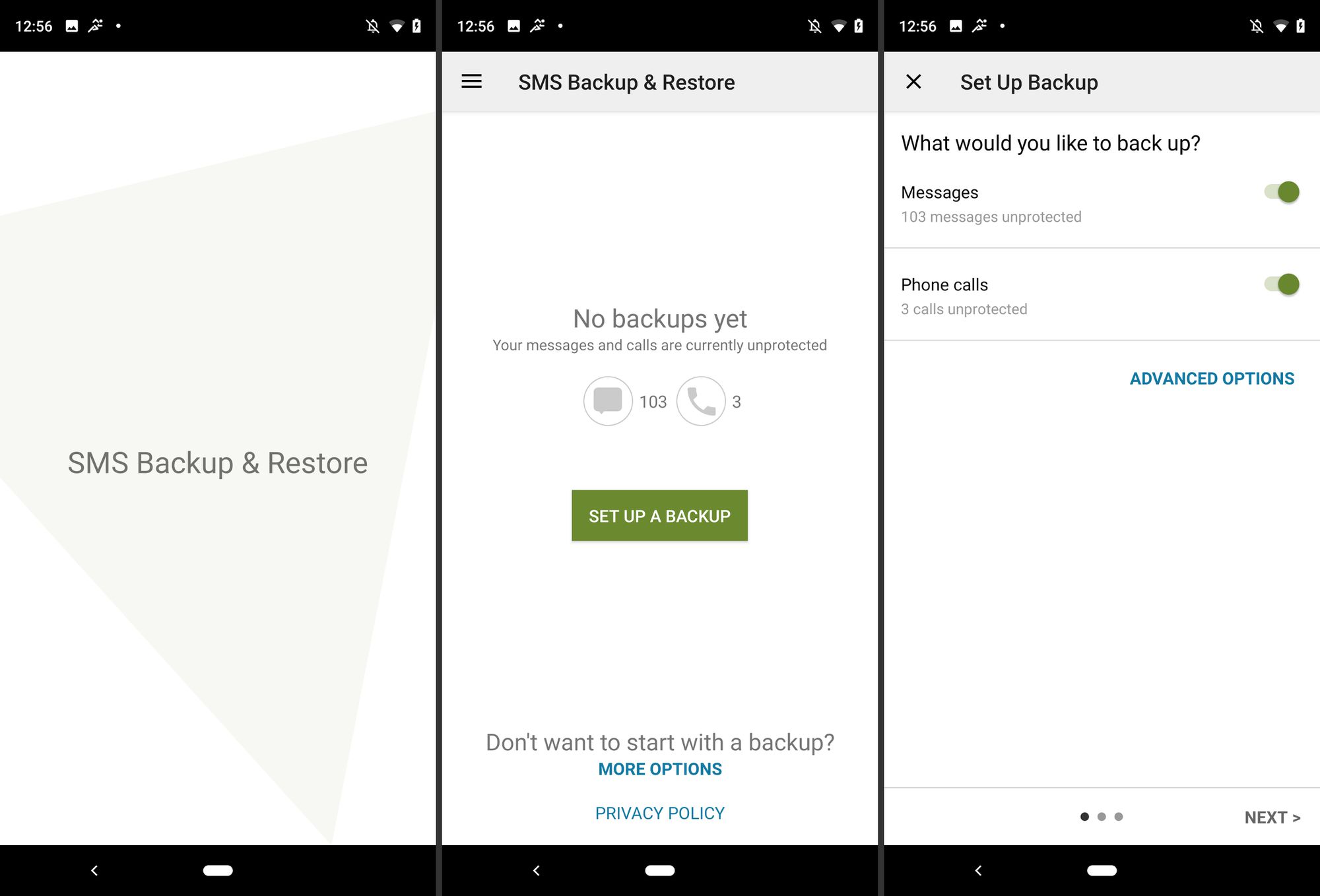 Android SMS Backup & Restore -sovelluksen kolme näyttöä