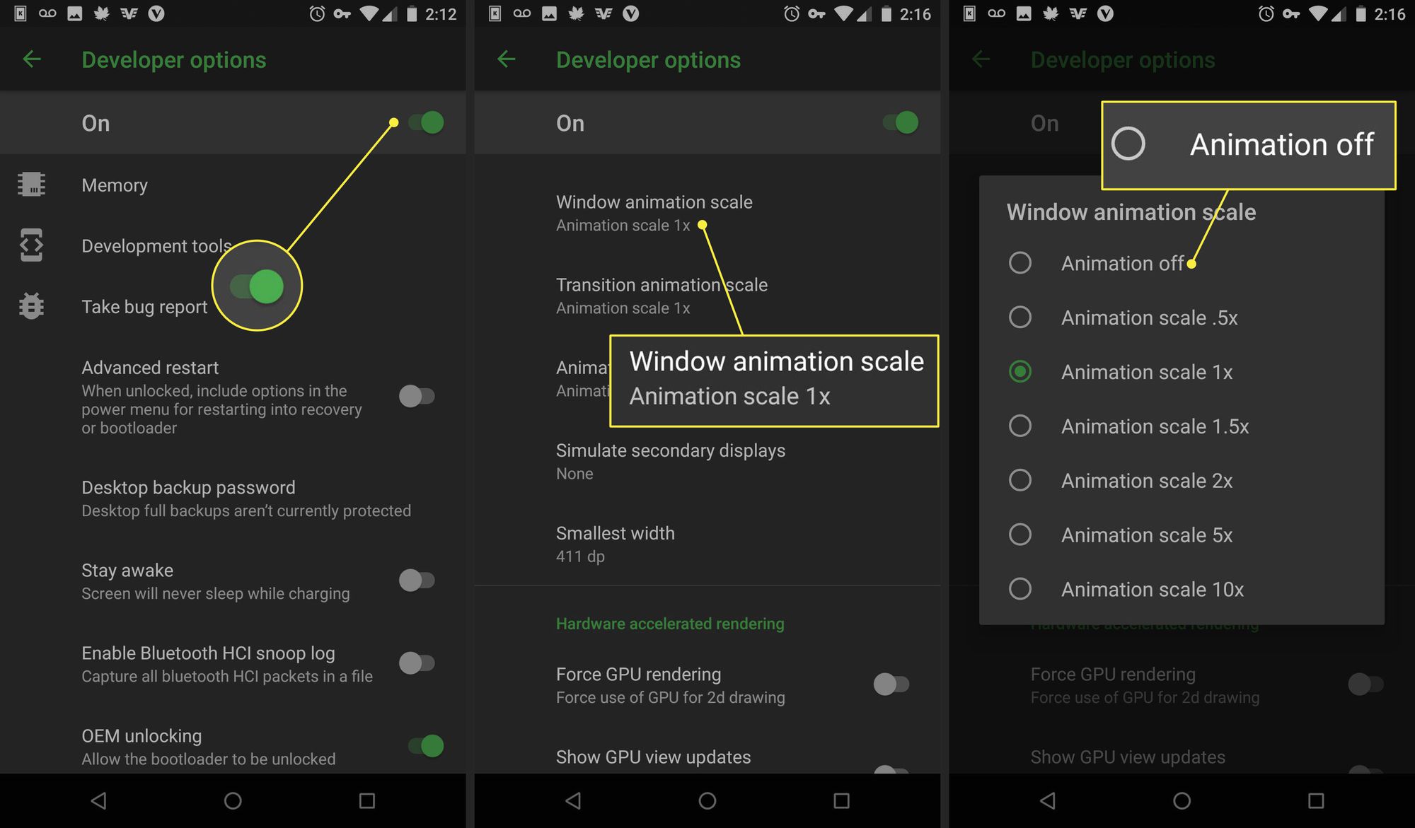 Android-puhelimen kuvakaappaukset, joissa näytetään, kuinka ikkunaanimaatio poistetaan käytöstä