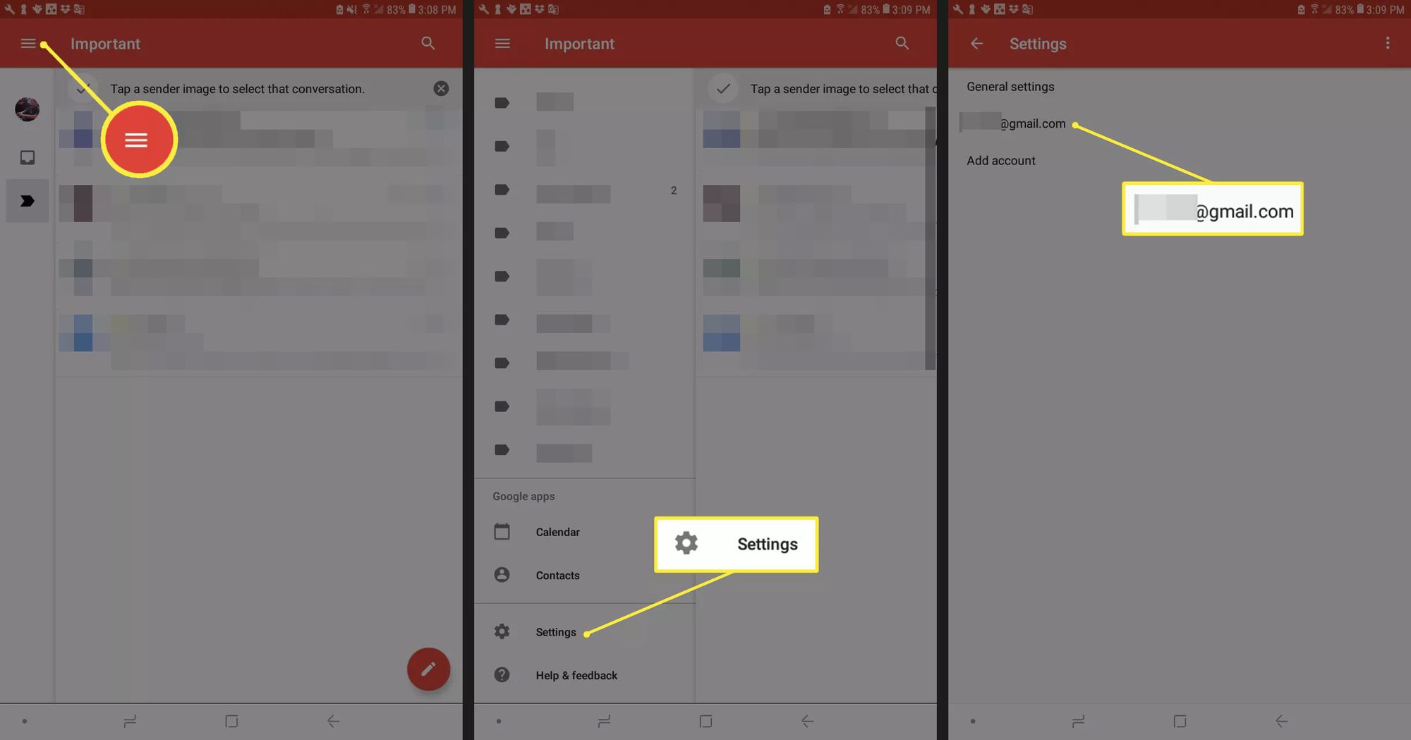 Valikkopainike, Asetukset-painike ja Gmail-tili Androidin Gmail-asetuksissa
