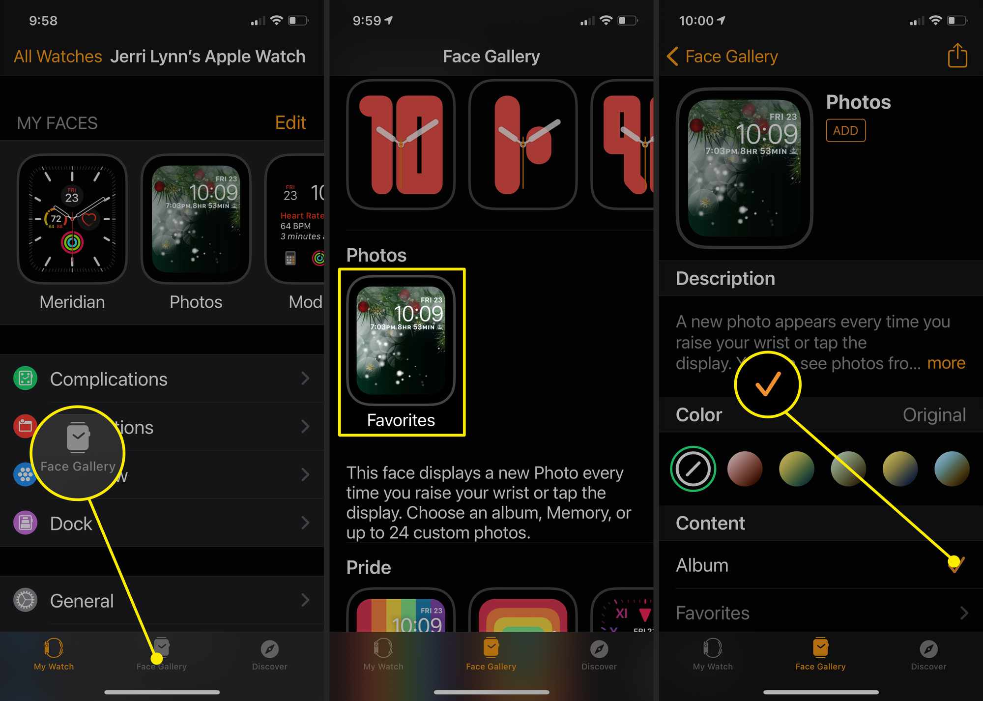 Kuvakaappauksia valokuva-albumin lisäämisestä Apple Watch -kasvoiksi iPhonesta.