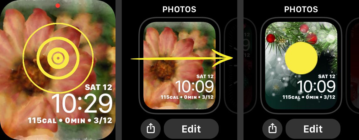 Näyttökaappaukset, joissa näytetään, kuinka valita uudet kasvot Apple Watchissa.