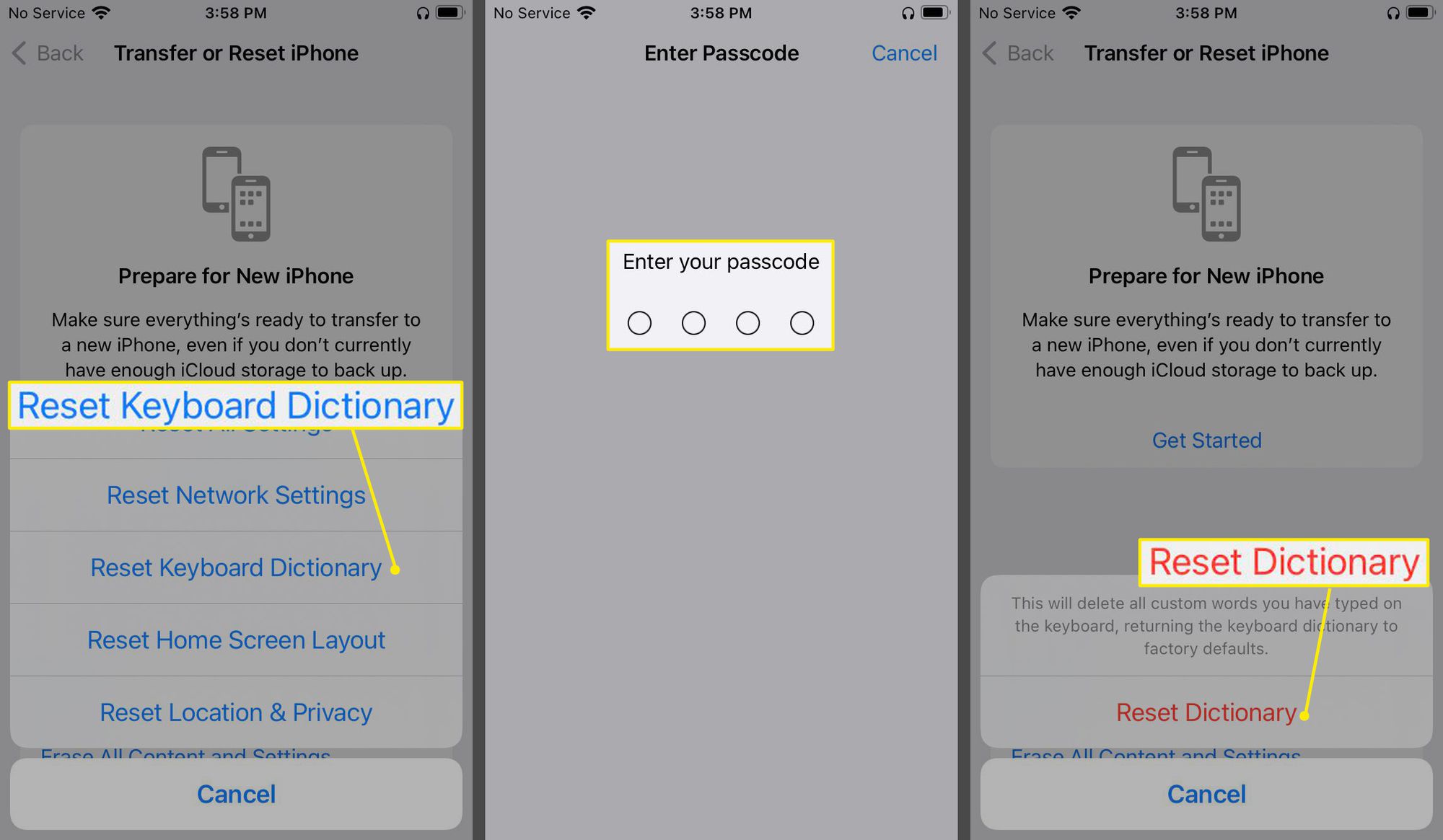 Nollaa näppäimistön sanakirja, anna pääsykoodi ja nollaa sanakirja korostettuna iPhonen siirrossa tai nollauksessa
