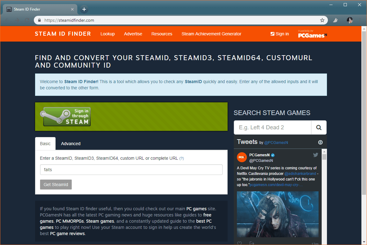 Kuvakaappaus SteamID-hakusivustolle syötetystä käyttäjänimestä.