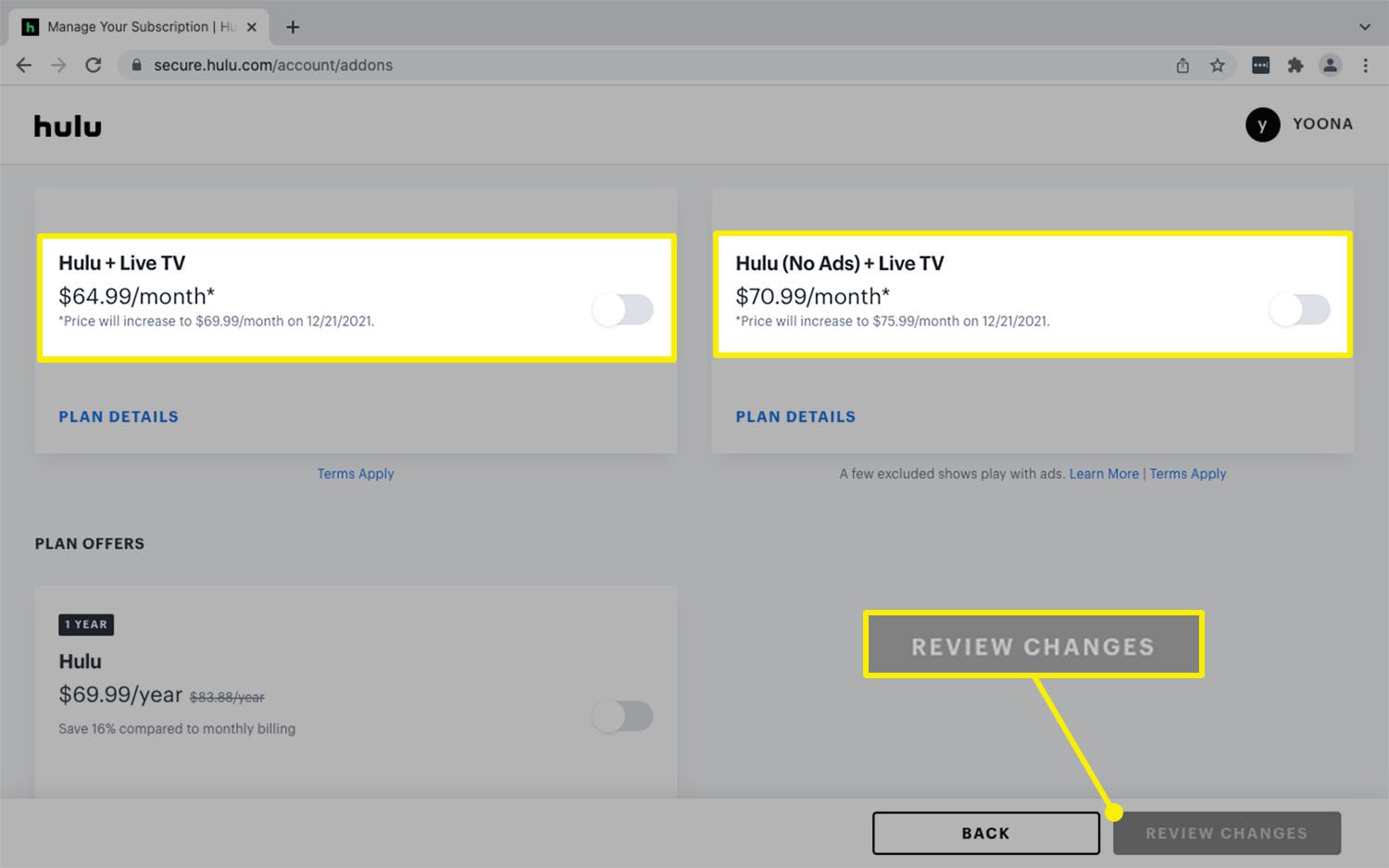 Hulu Live TV -tilaukset ja Näytä muutokset -vaihtoehdot Hallinnoi tilauksia -sivulla.