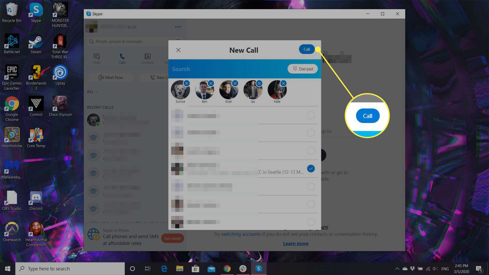 Kuvakaappaus Skypen Uusi puhelu -ikkunasta, jossa soittopainike on korostettuna