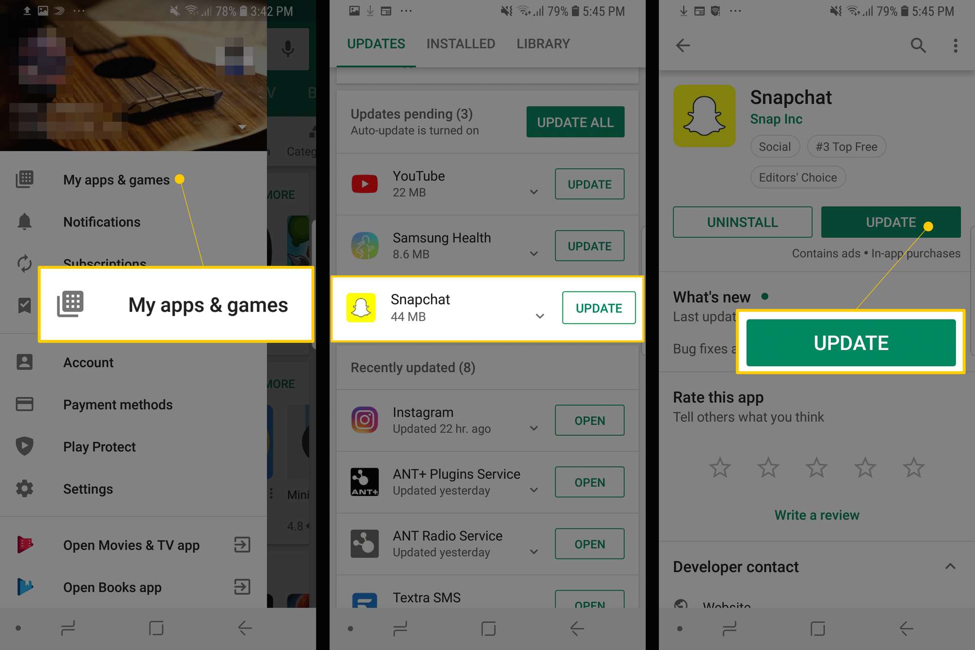 Kolme Snapchat for Android -näyttöä, joissa on Omat sovellukset ja pelit, Snapchat-päivitys luettelossa ja Päivitä-painike