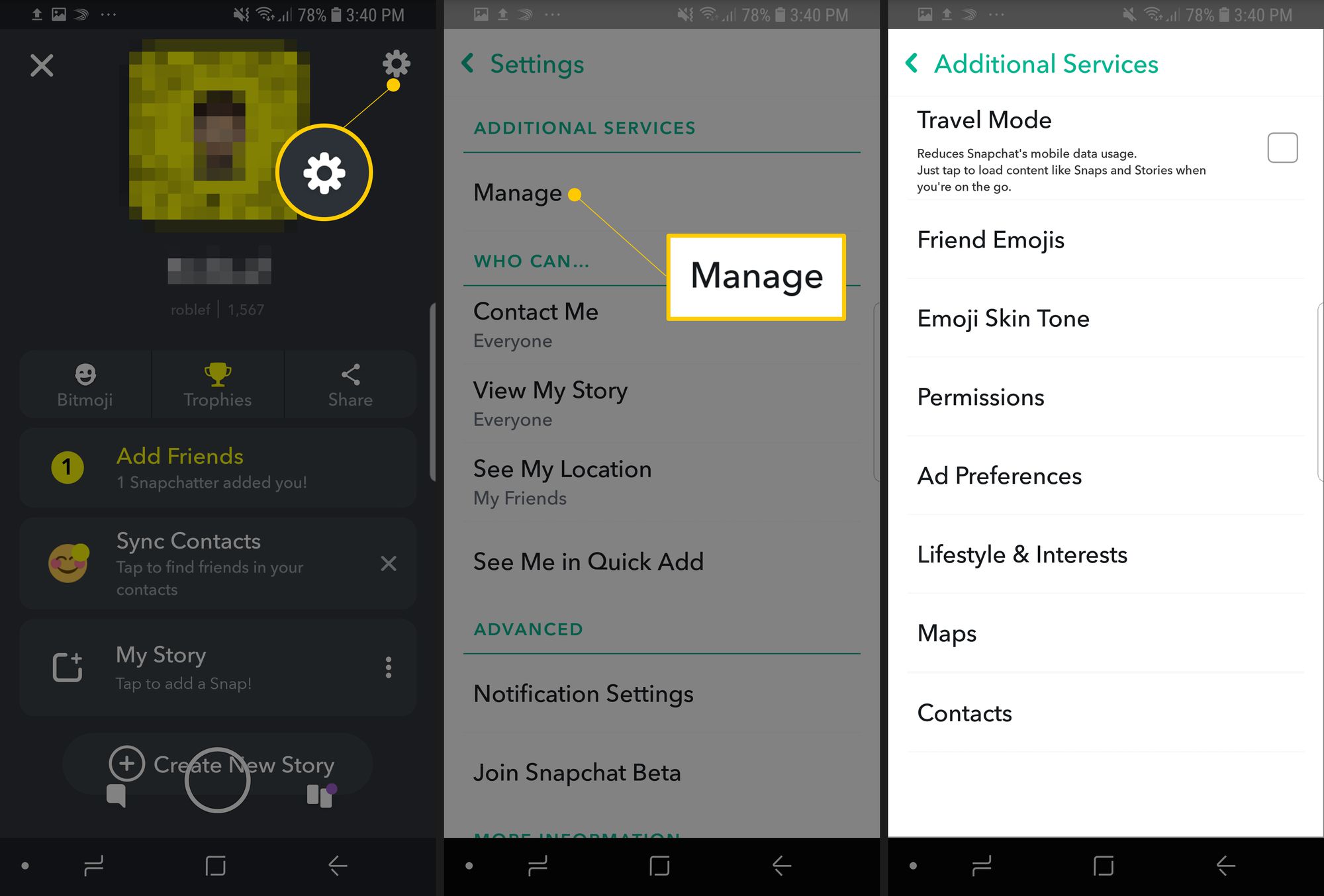 Kolme Snapchat for Android -näyttöä, joissa on rataskuvake, Hallinta-painike ja Lisäpalvelut-sivu