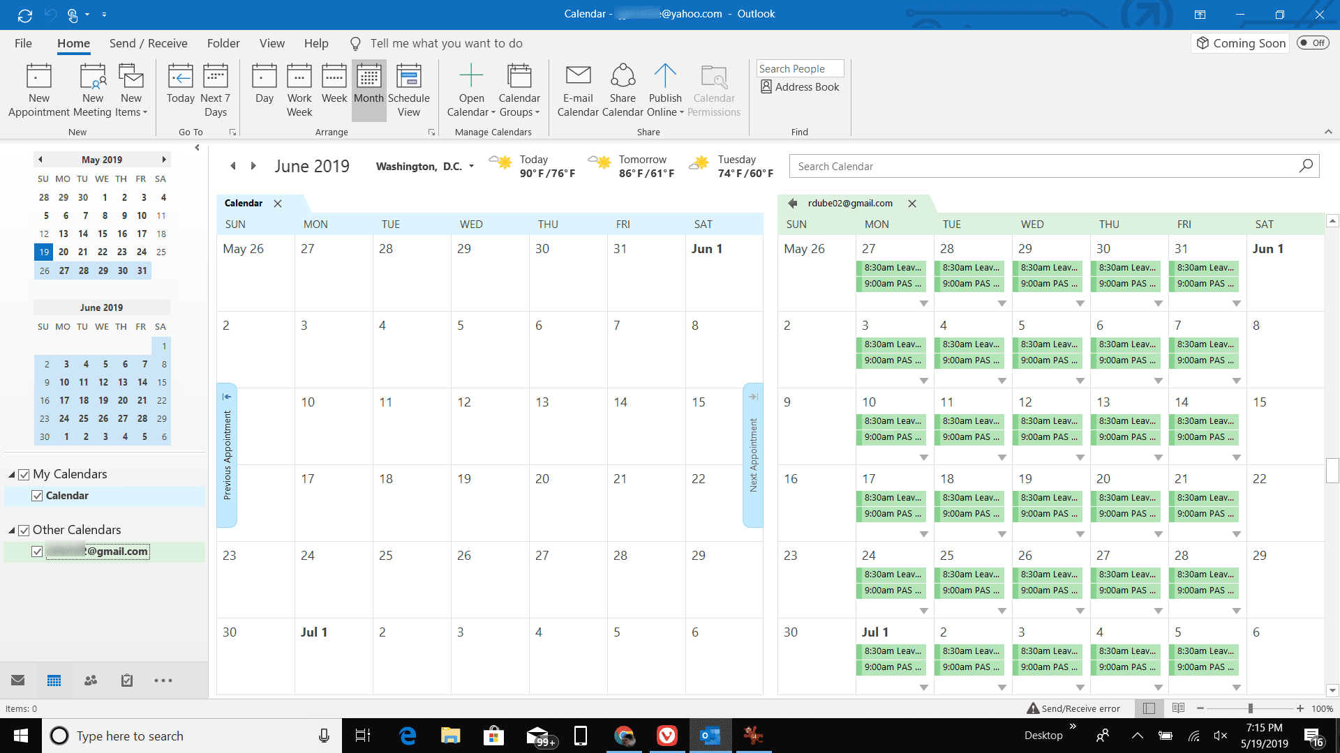 Näyttökaappaus Outlook-kalenterista, joka on synkronoitu Google-kalenterin kanssa