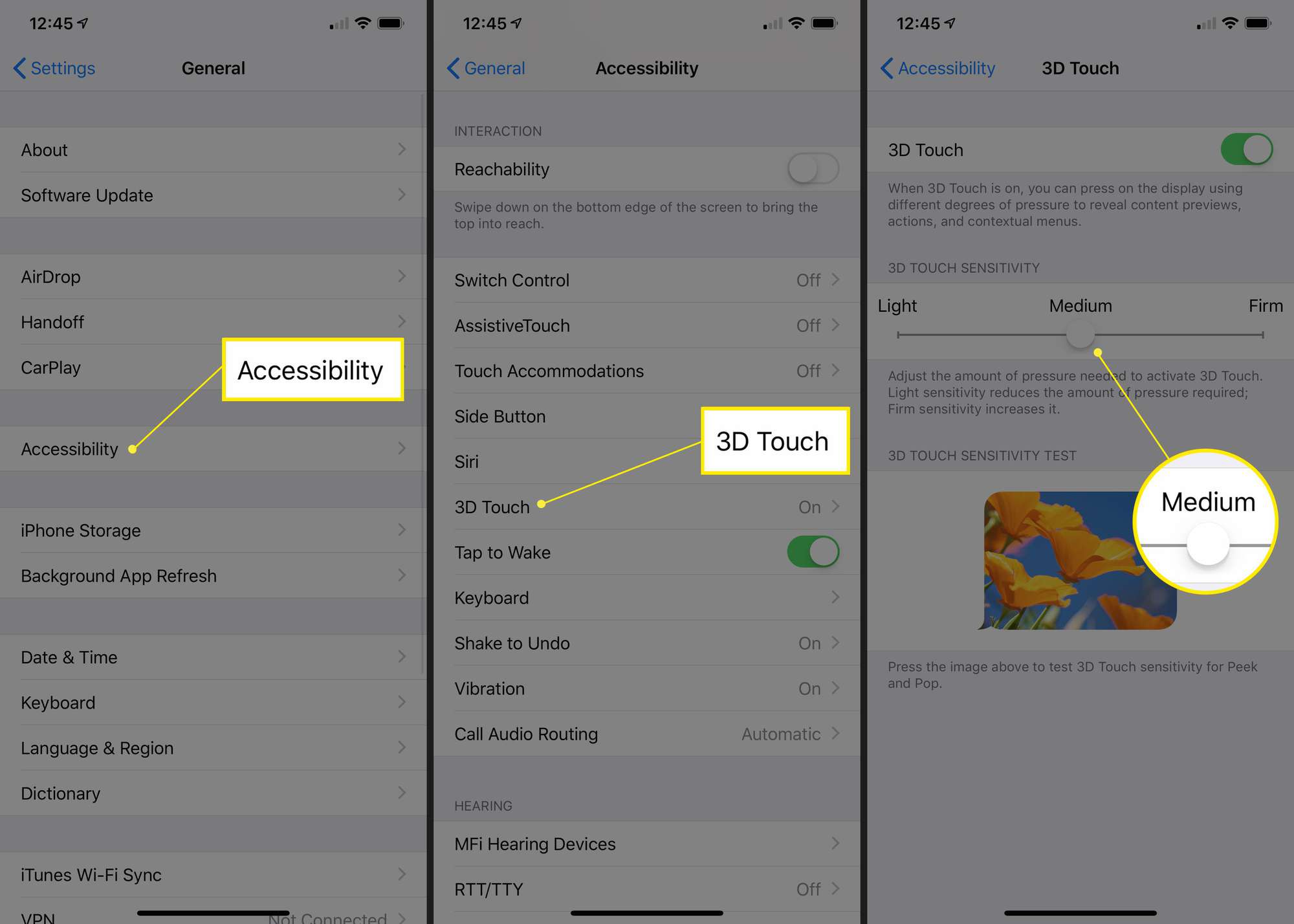 Yleiset, Esteettömyys, 3D Touch ja 3D Touch -liukusäädin iOS-asetuksissa