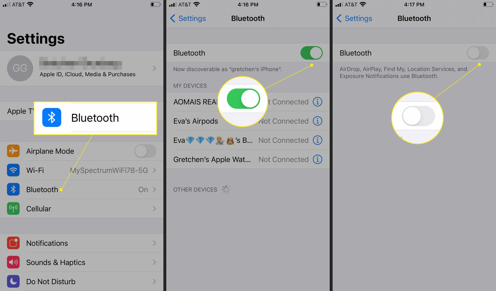 iPhone-asetukset, joissa Bluetooth on korostettu, sekä "päällä/vihreä" ja "pois/valkoinen"-liukusäädin