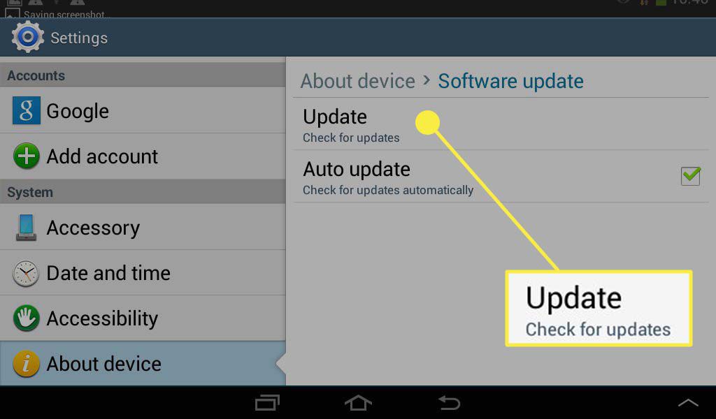 Päivitä-painike korostettuna Android-laitteen Asetukset-sovelluksessa.