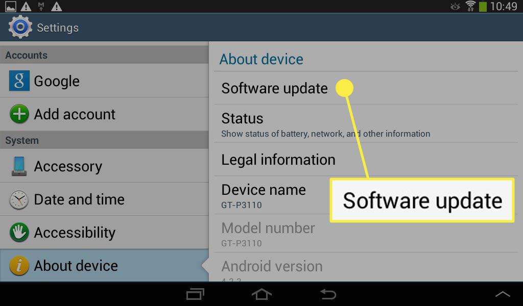 Ohjelmistopäivitys korostettuna Android-laitteen Asetukset-sovelluksessa.